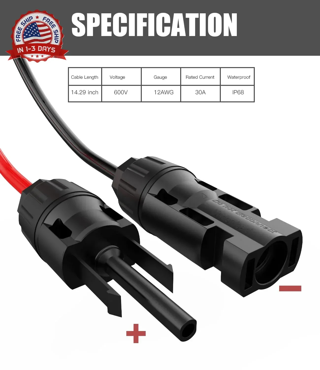 BERLAT Solar Extension Cable – 10AWG, 30cm with 2 SAE Polarity Reverse Adapters