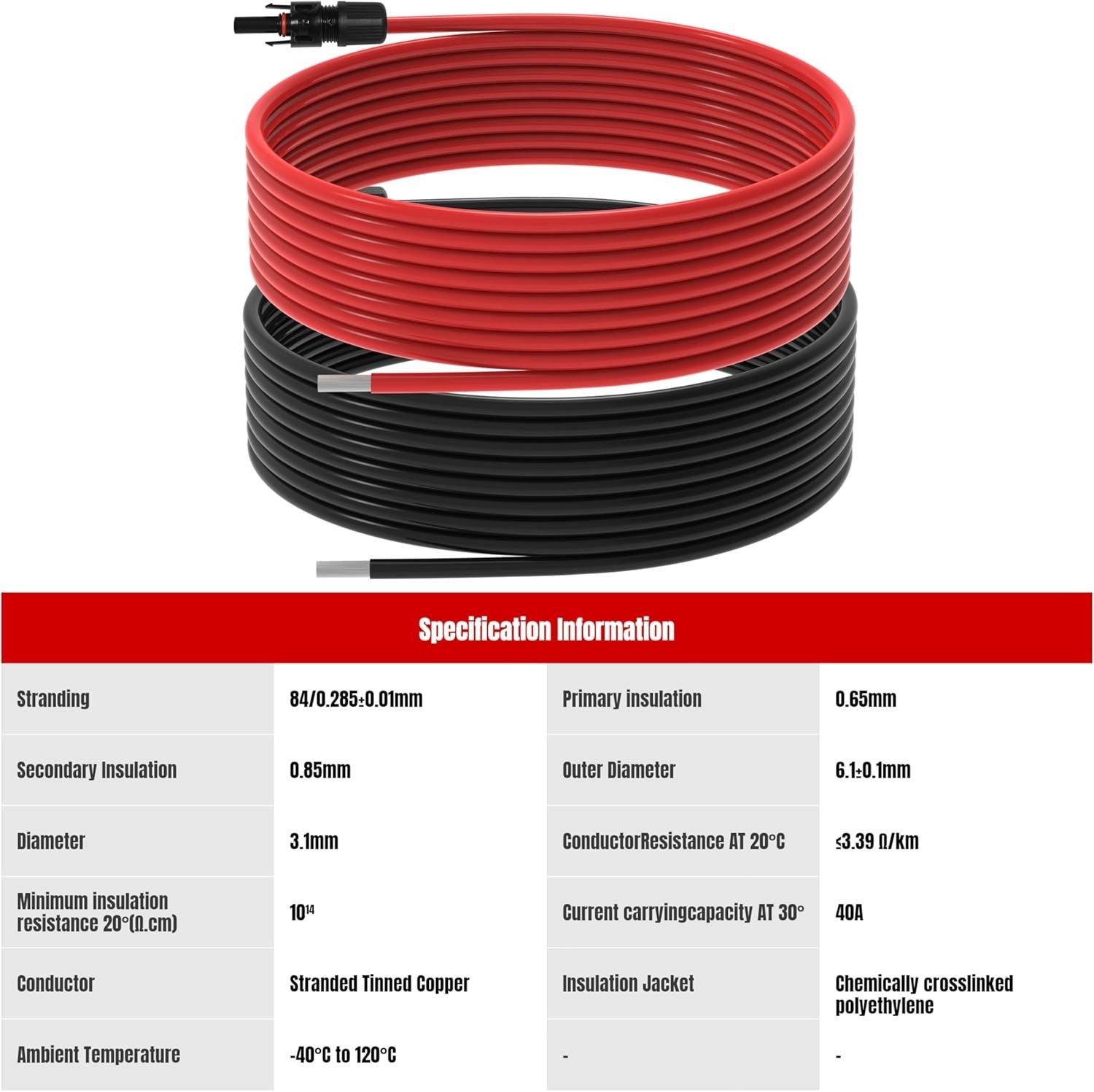 Solar Panel Extension Cable for RV,Boat with Waterproof Connectors(10 AWG-30Ft)