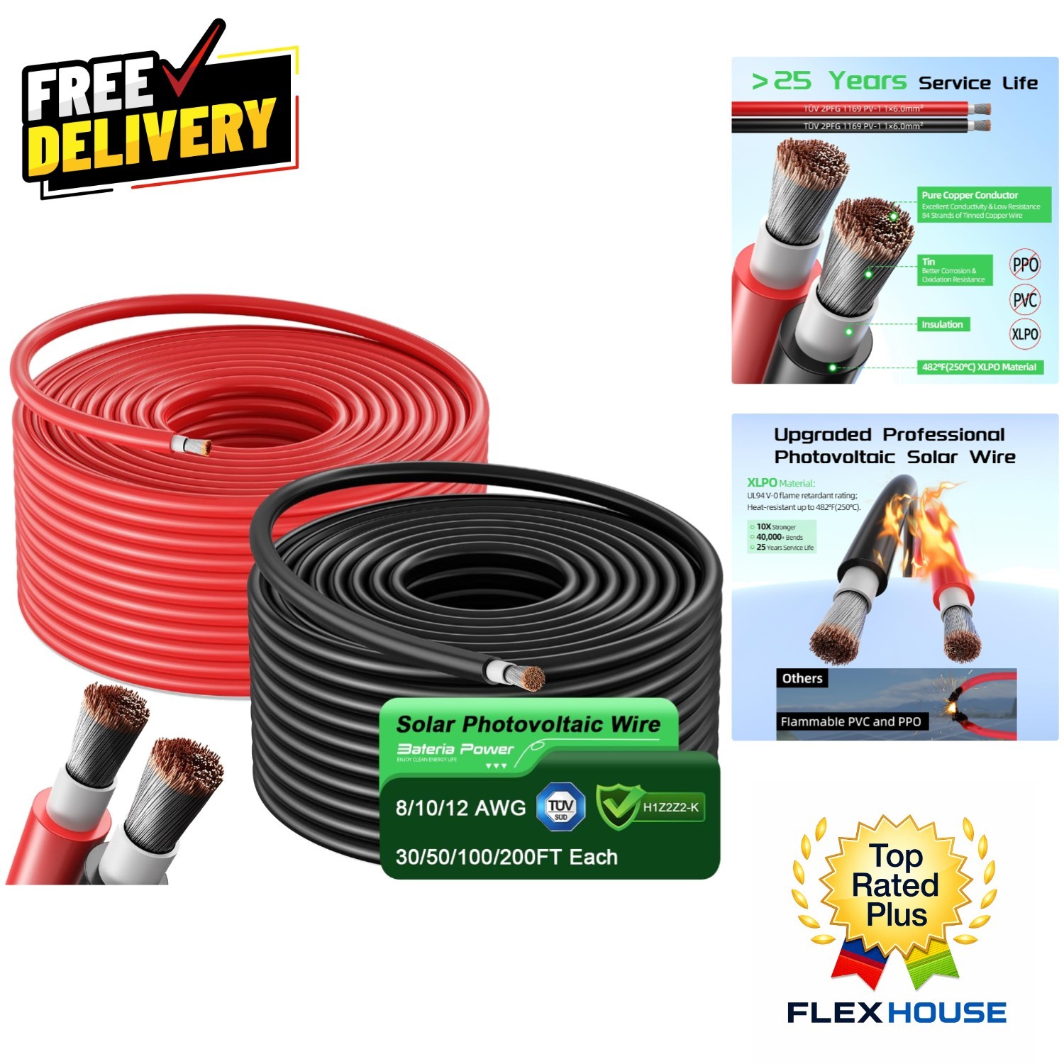 50FT Solar Cable Kit – Red & Black 10AWG, UV & Waterproof for RVs/Boats