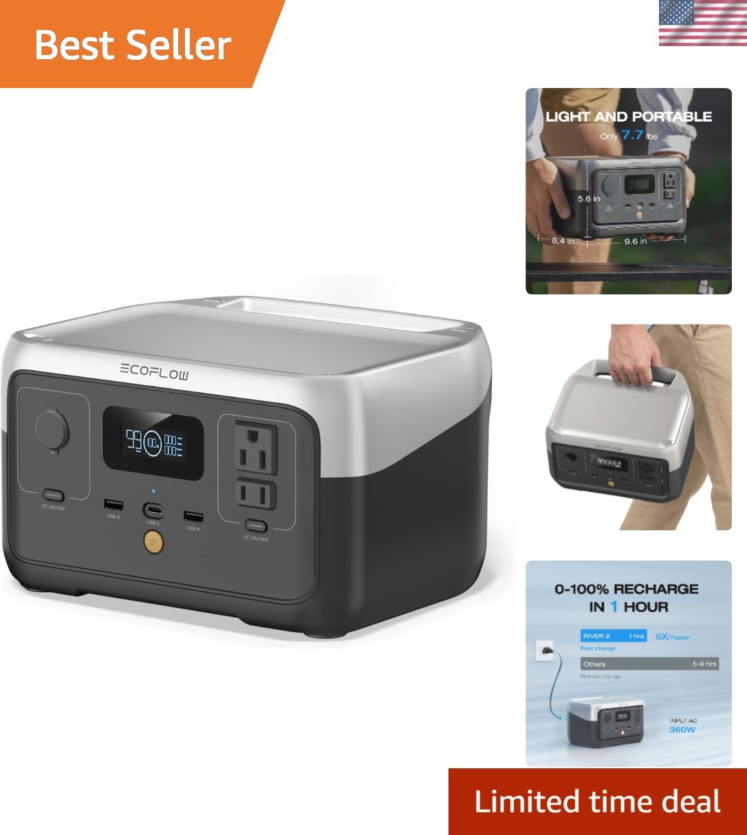256Wh RIVER 2 Power Station – Solar Generator with 1-Hour Charge & 600W Output