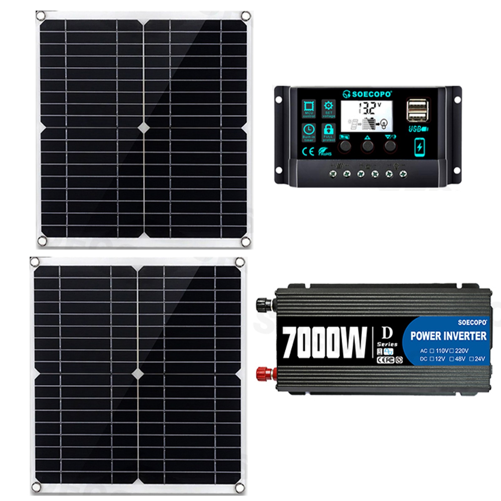 7000W Off-Grid Solar Kit 7000W Inverter 2pcs 300W Solar Panels 12V to 110V