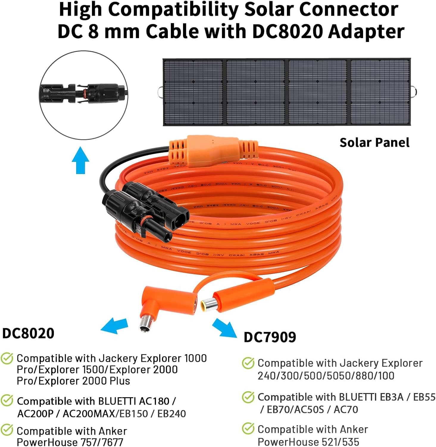 Solar Connector to DC 8mm Adapter Cable 50FT, 12AWG + 14AWG Tinned Copper Wir…