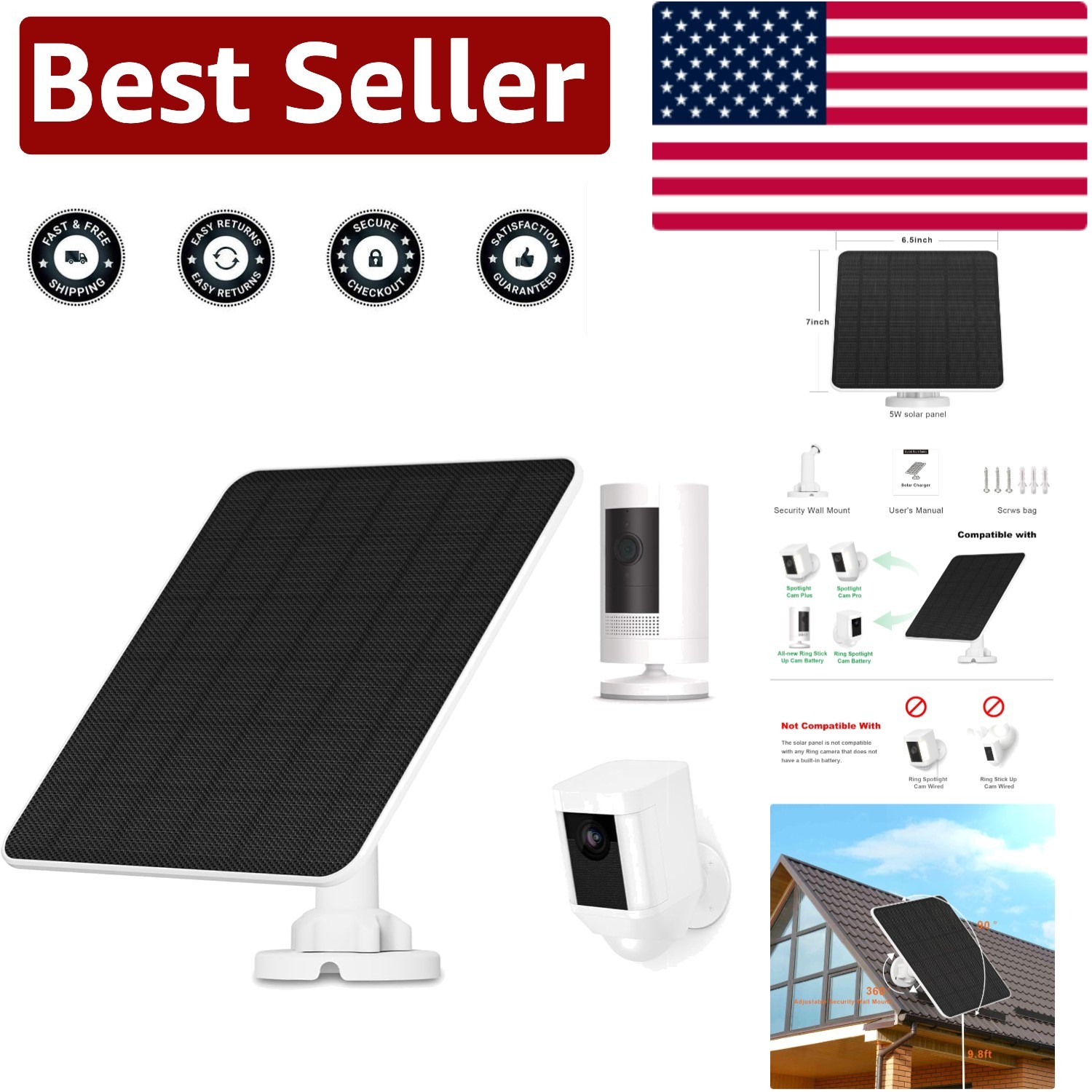 Waterproof Solar Panel for Ring Stick Up & Spotlight Cameras | 9.8ft Cable