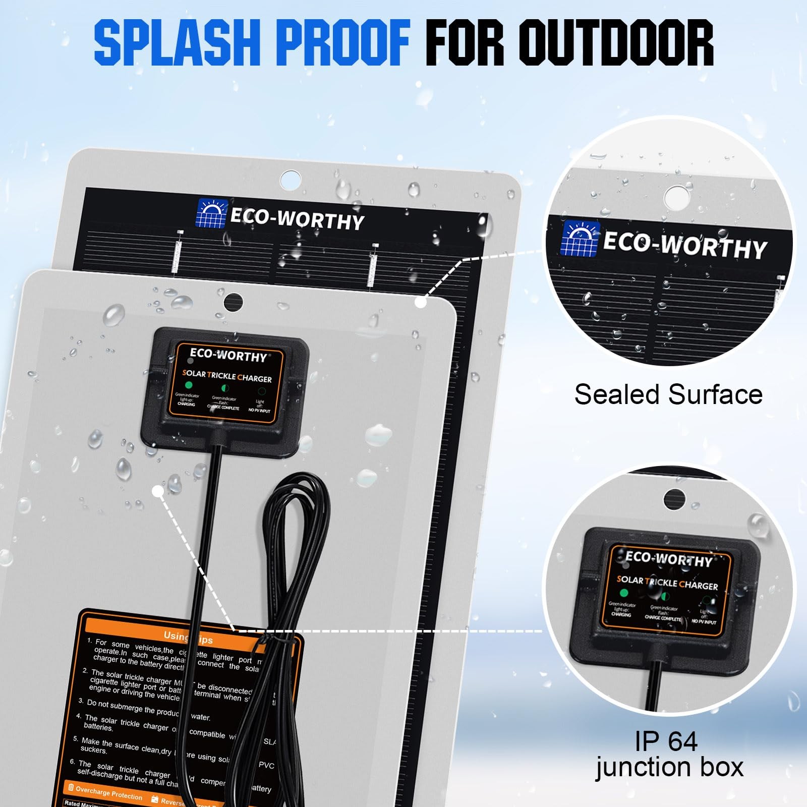 12V Solar Battery Charger, Portable Waterproof Trickle Maintainer for Car, Truck