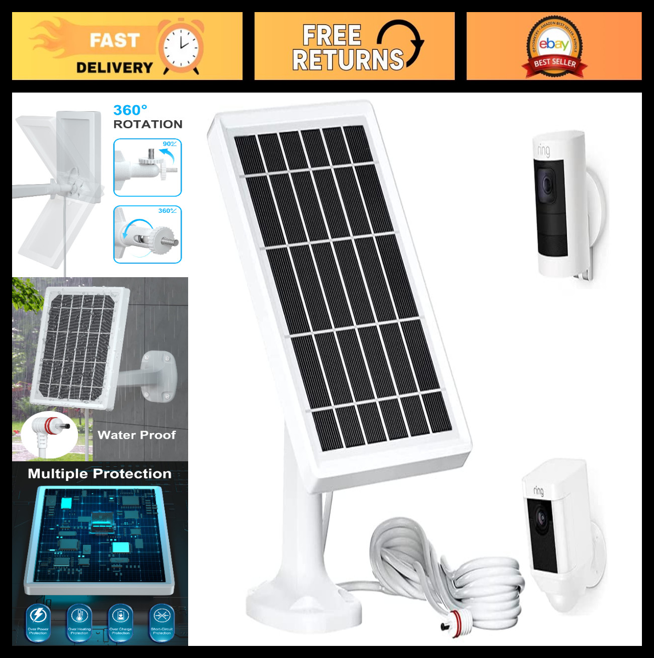 Solar Panel Charger for Ring Stick Up Cam & Spotlight Cam – Waterproof, Fast Cha