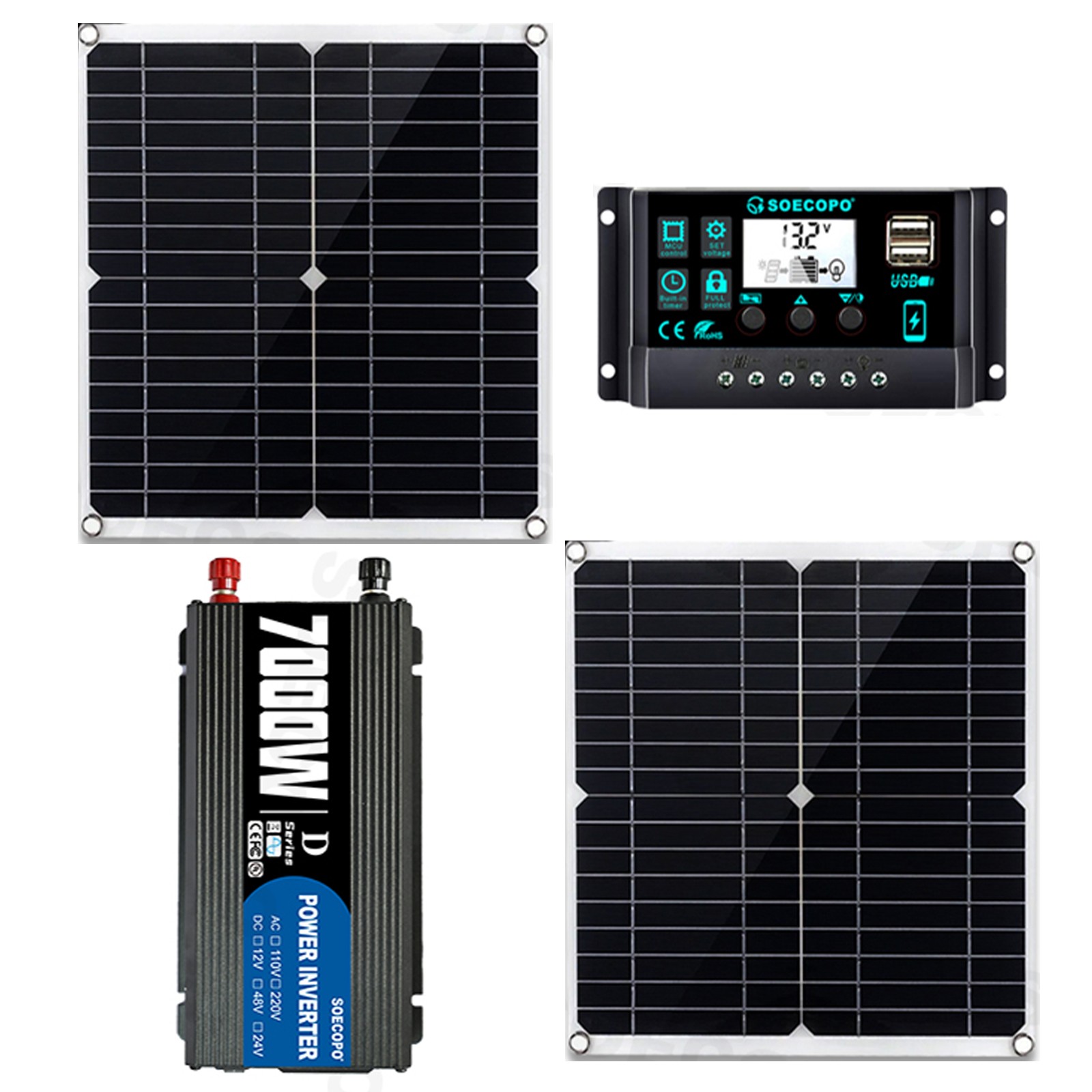 Complete 7000W Off-Grid Solar Kit 7000W Inverter 2pcs 300W Solar Panels 110V/2ta
