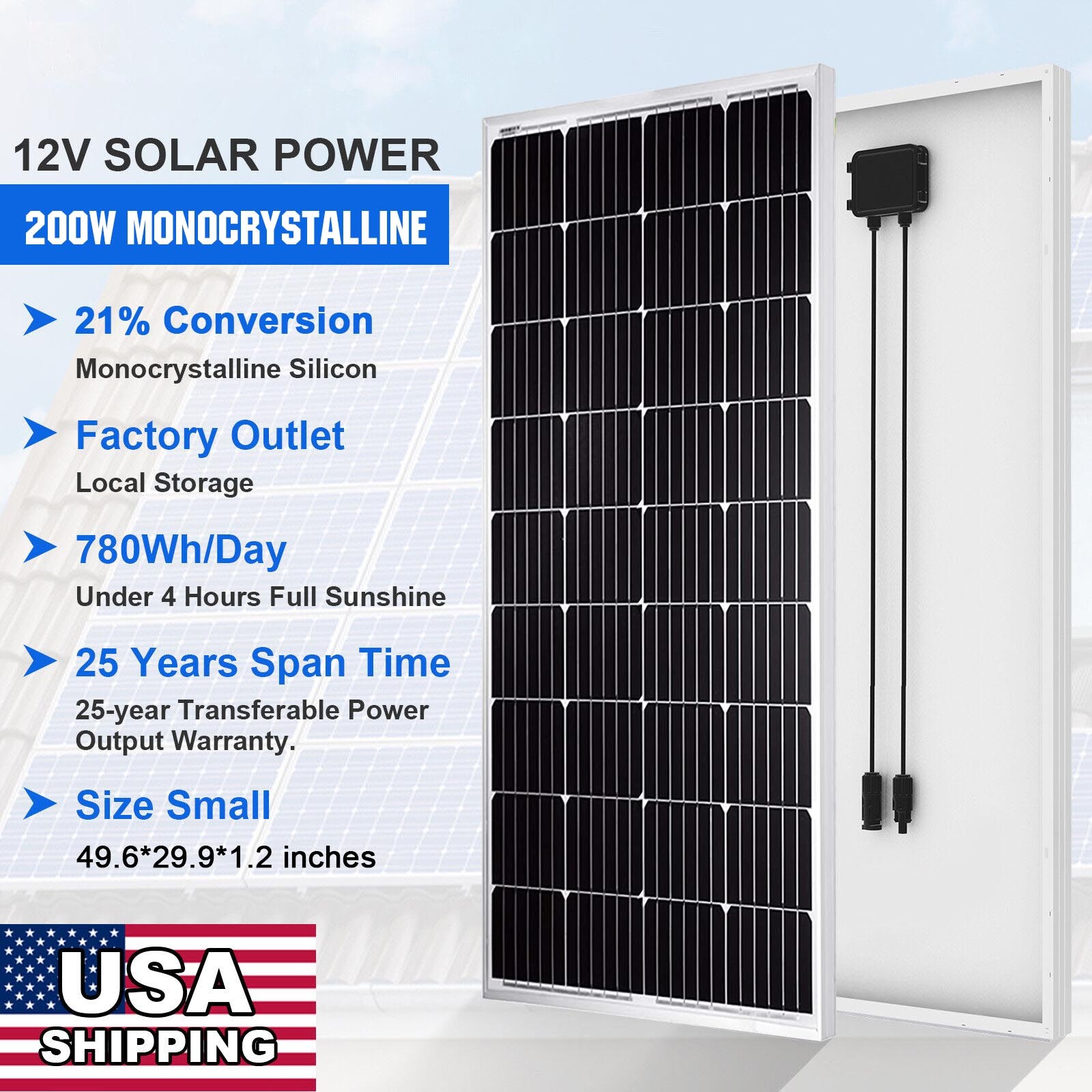 200W Solar Panel Mono Cell Module PV For Homes Camping RV Battery Boat Caravan
