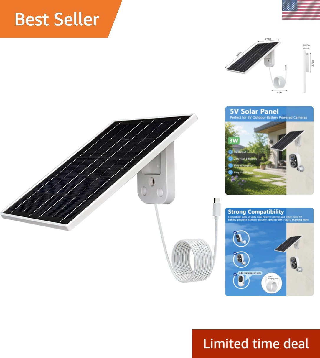 3W USB-C Eco-Friendly Solar Panel for Outdoor Security Cameras – Waterproof