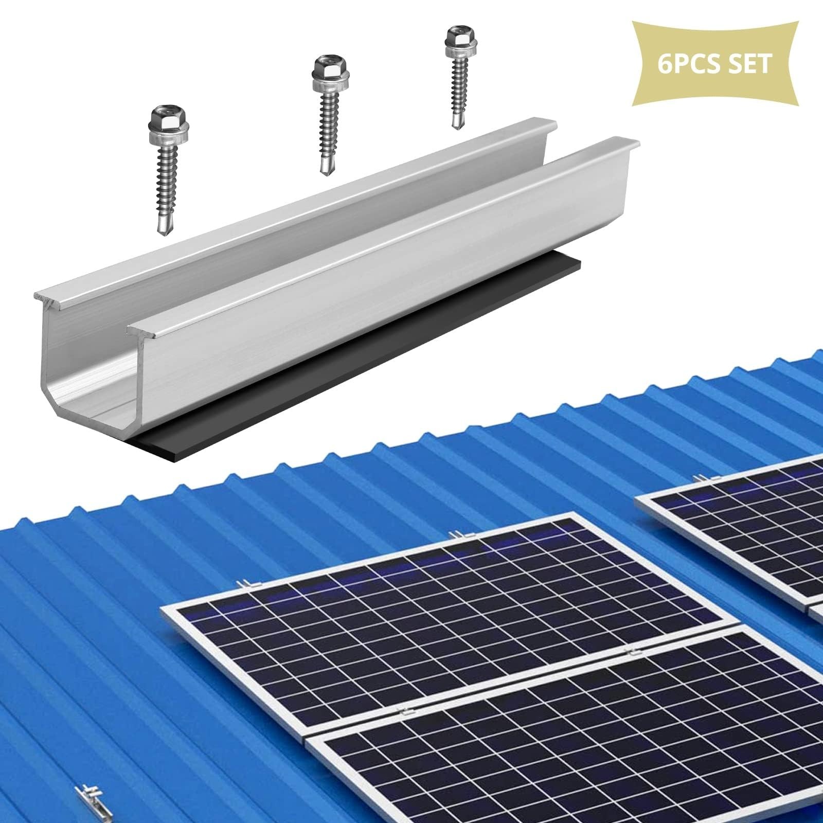 6Pcs Solar Panel Mounting Rail Kit, Aluminum Brackets with Screws & Pads for Roo