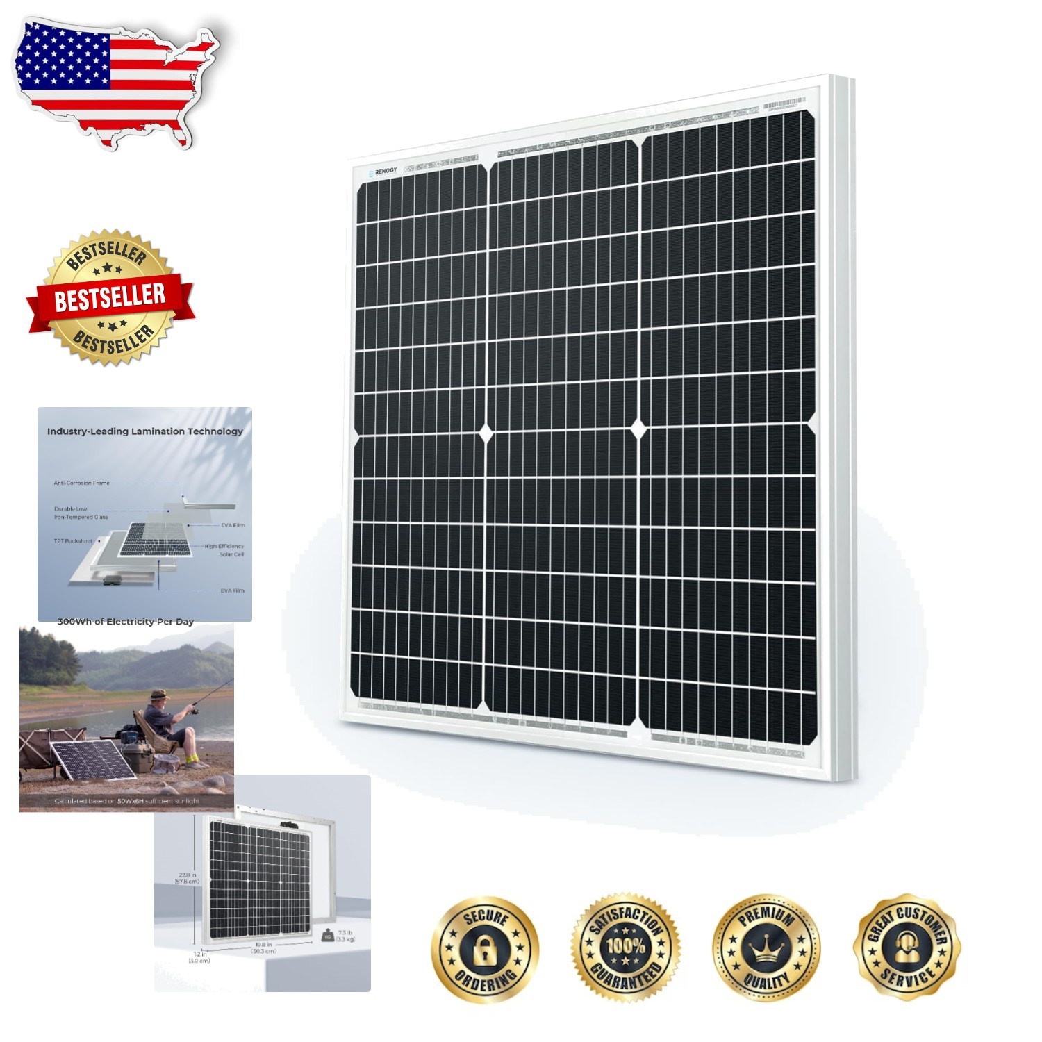 High-Performance 50W 12V Solar Panel Monocrystalline 22% EL Tested Off-Grid
