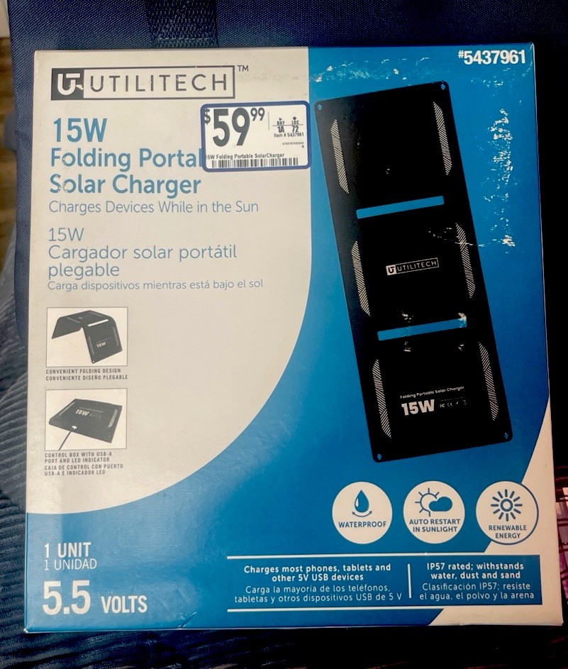 Utilitech 15W Folding Portable Solar Charger New In Box