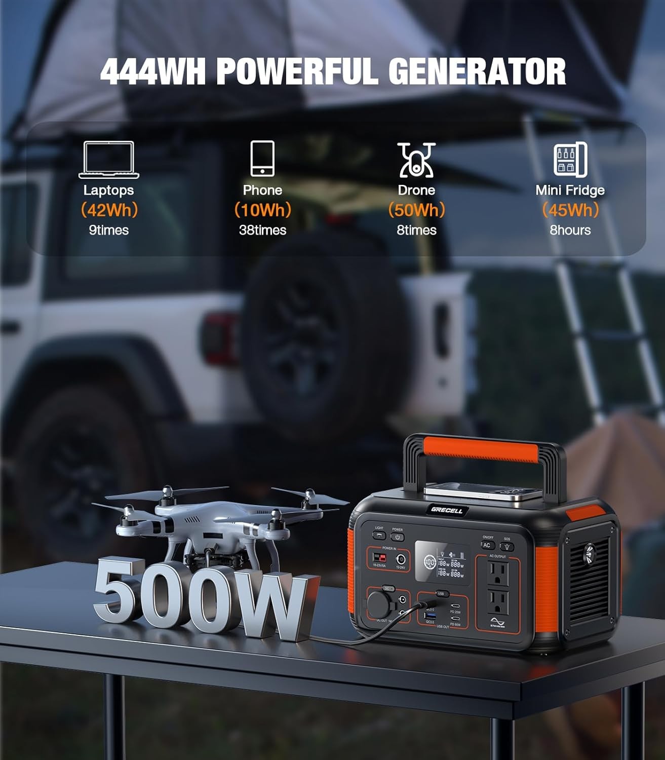 GRECELL 500W Portable Power Station 444Wh Pure Sine Wave Solar