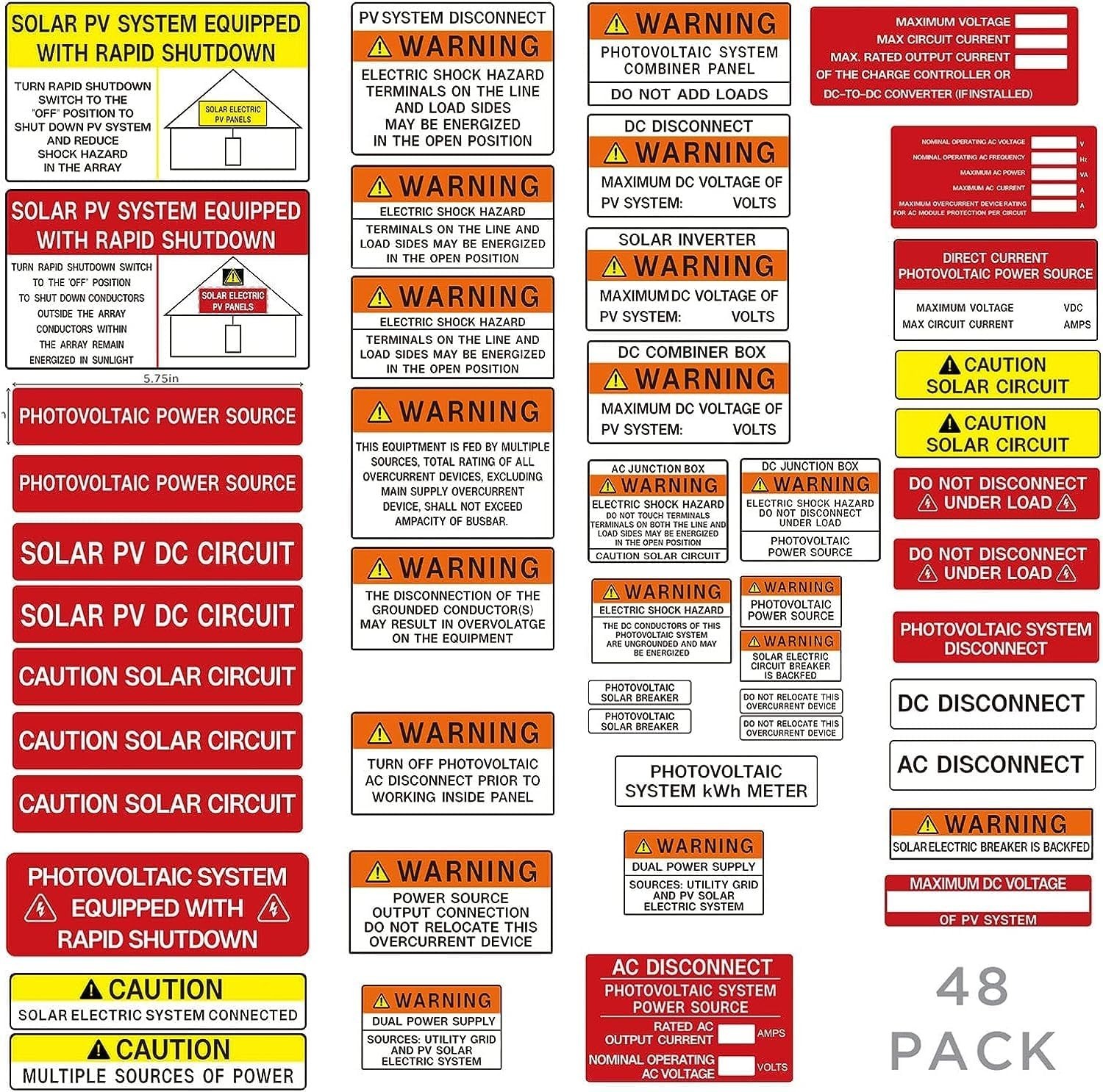 48-Pack Solar Energy Safety Stickers for PV Systems, Waterproof, Durable