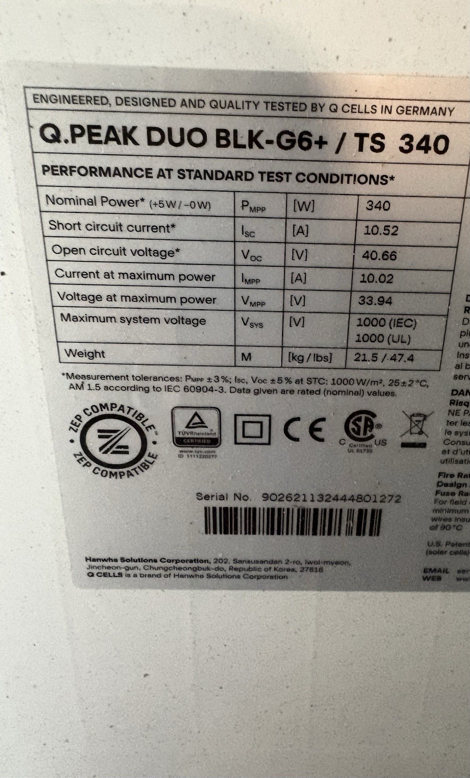 Q CELLS Q.PEAK DUO BLK-G6+ / TS 340 340W Mono Solar Panel Black ZEP