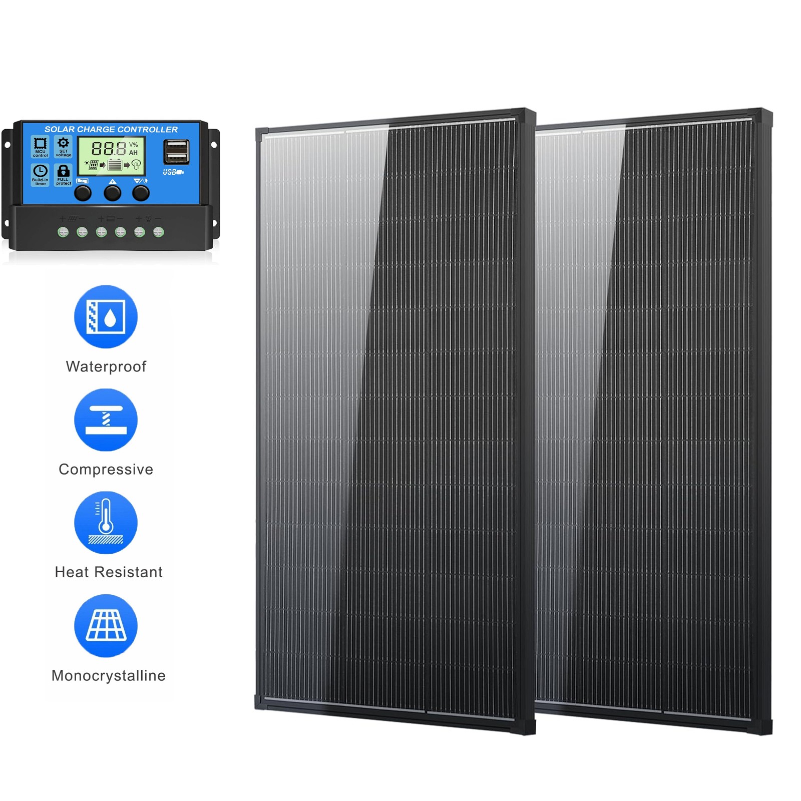 200W Solar Panel Monocrystalline Cell Battery Power Boat Roof Home Off-Grid Kit