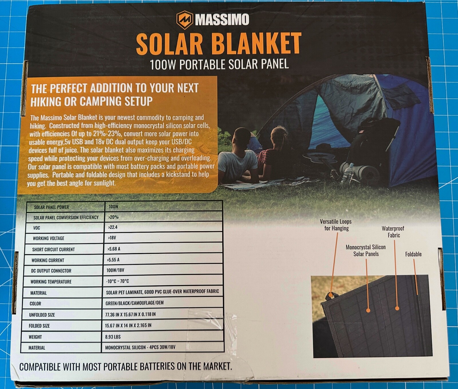 100W Portable Foldable Solar Panel Blanket Massimo W/ 2 USB & DC Charging Ports