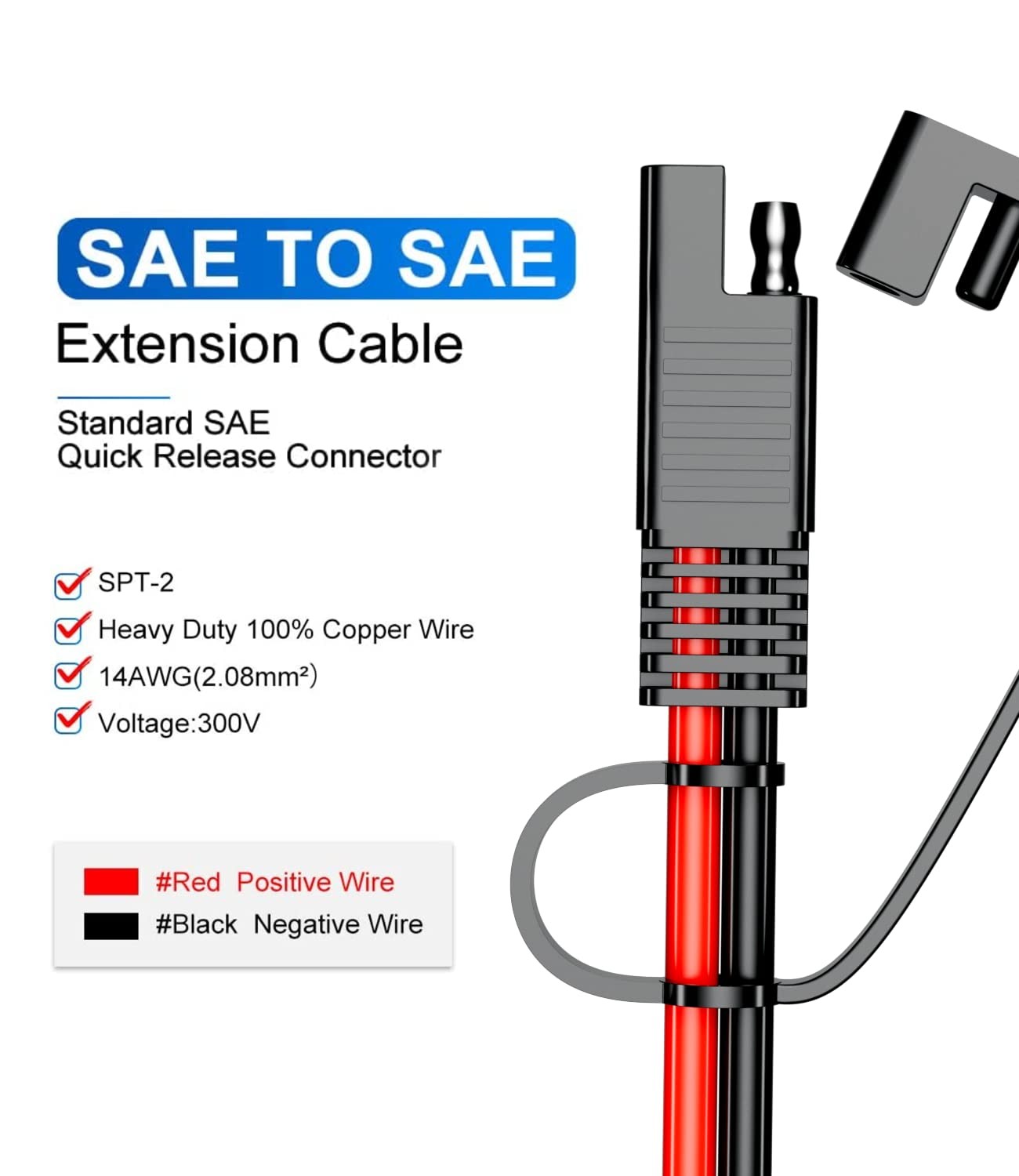 SAE Extension Cable 12AWG 20FT for Solar Panels, Cars, RVs, Trucks, Boats