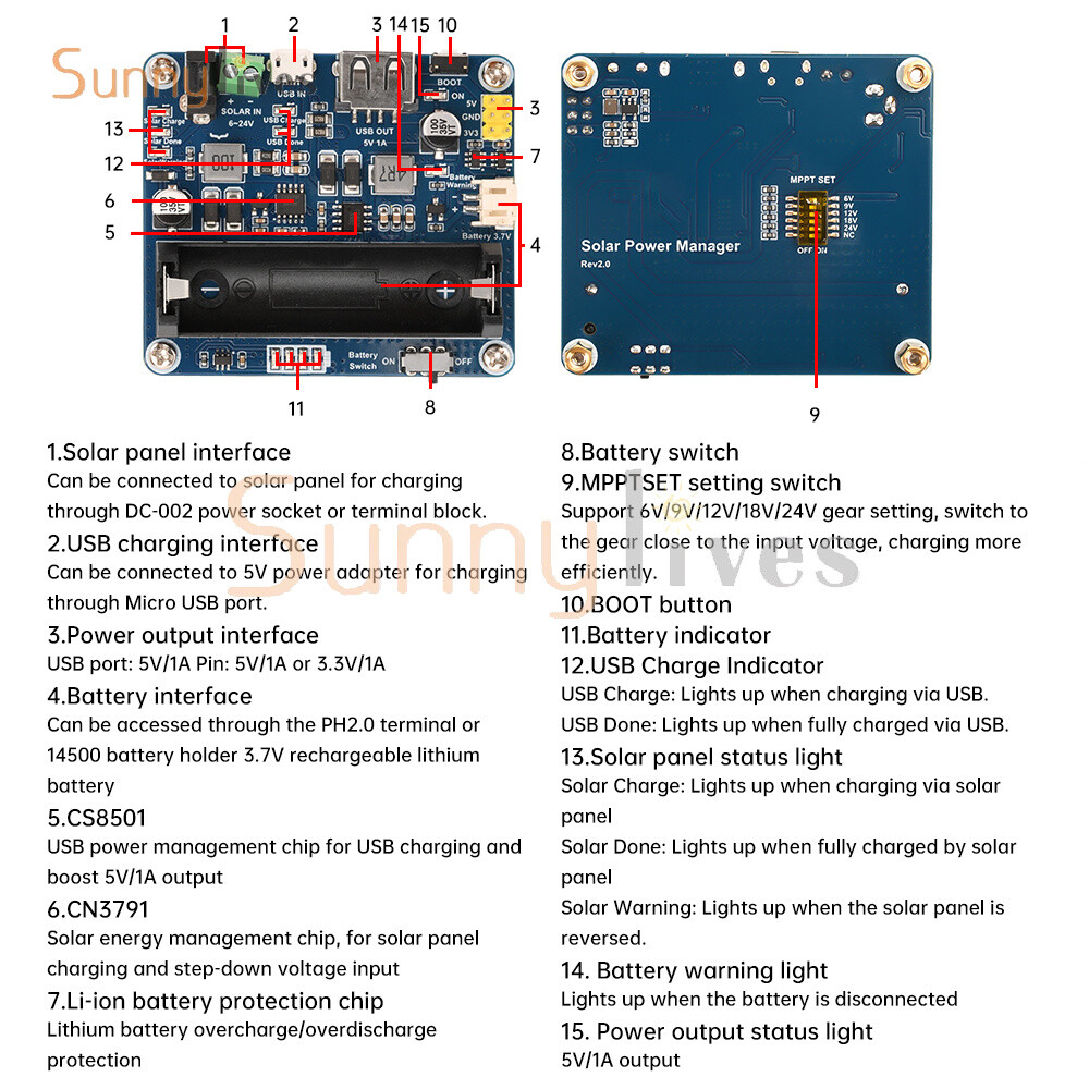 6V~24V Solar Panel Power Management Module Support MPPT 850mAh Li-ion Battery