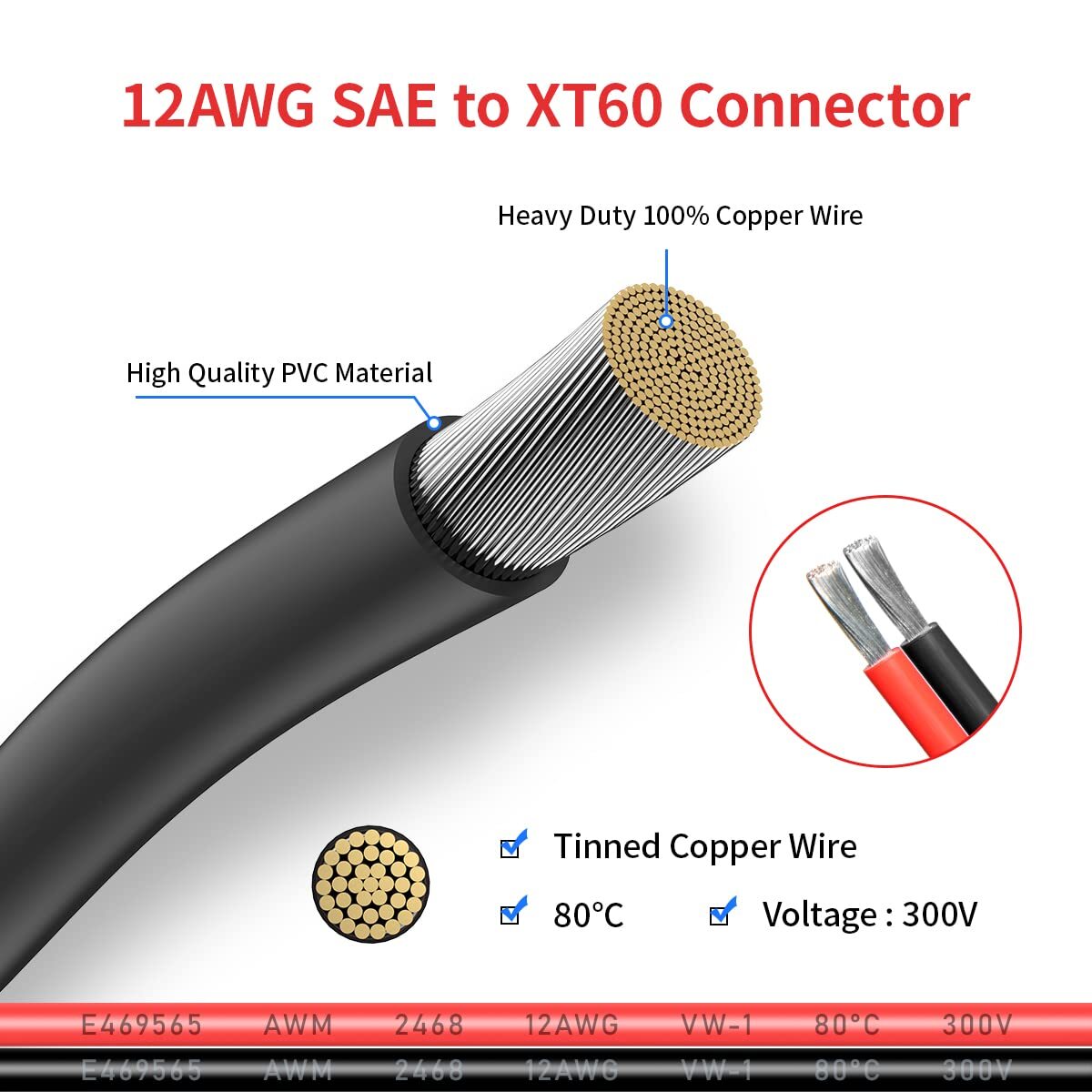 12AWG XT60 to SAE Connector Extension Cable with SAE Polarity Reverse Adapter