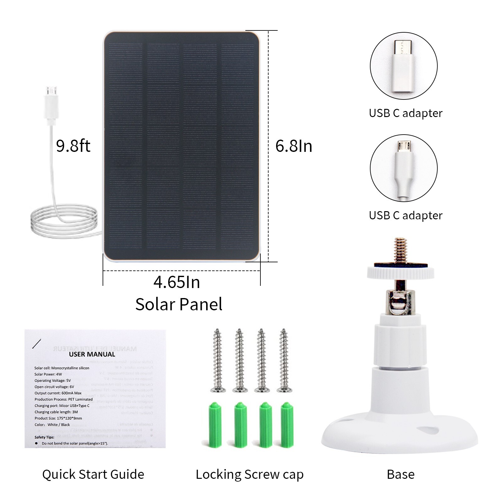 LMENGER 5V4W Waterproof Outdoor Solar Panel, Max Current 0.65A, PET and EVA Lami