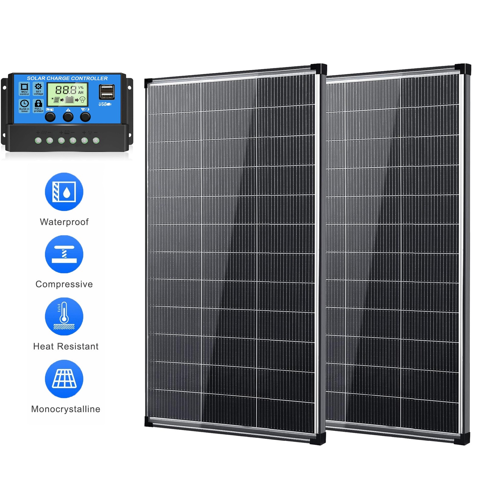 200W Solar Panel Controller Kit Battery Power Charge Roof RV Boat Home Off-Grid