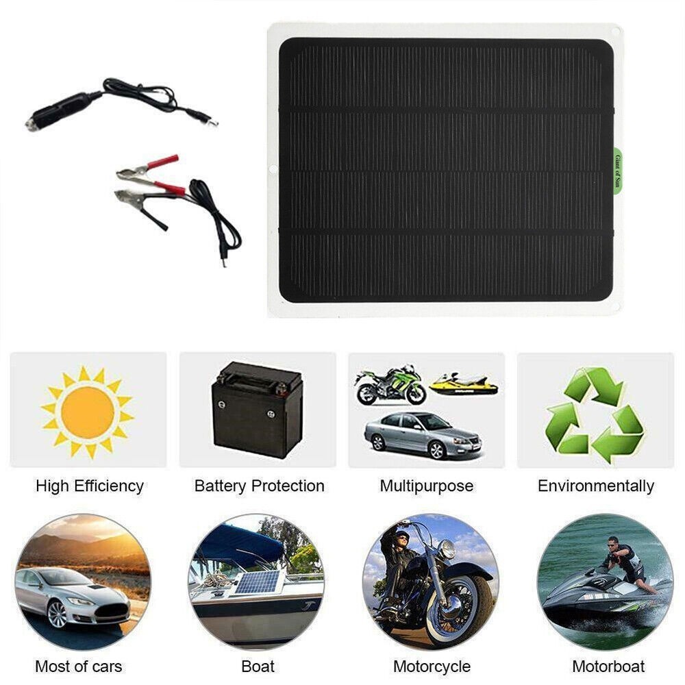 20W 12V Waterproof Solar Panel Kit with Cigarette Lighter & Alligator Clips USA
