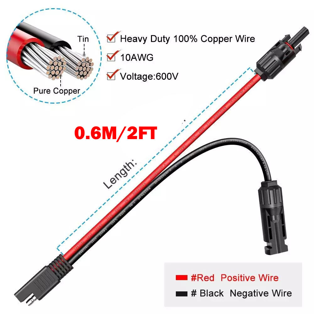 2x Solar Panel Extension Cable 2FT 10AWG SAE to SAE Polarity Reverse Adapter HOT