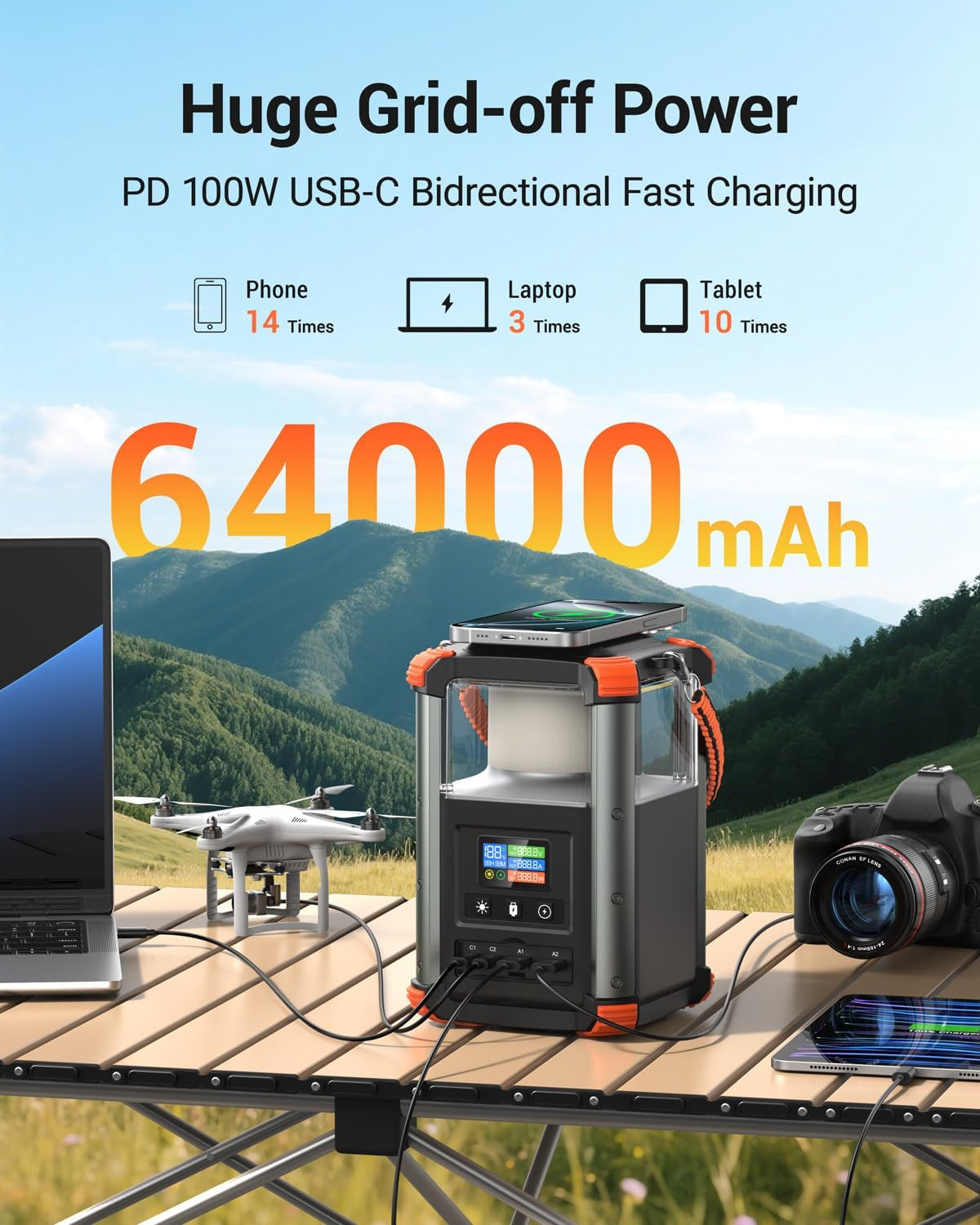 Portable Power Station, 236.8Wh/64,000Mah Outdoor Generator, 100W+65W USB C Two-