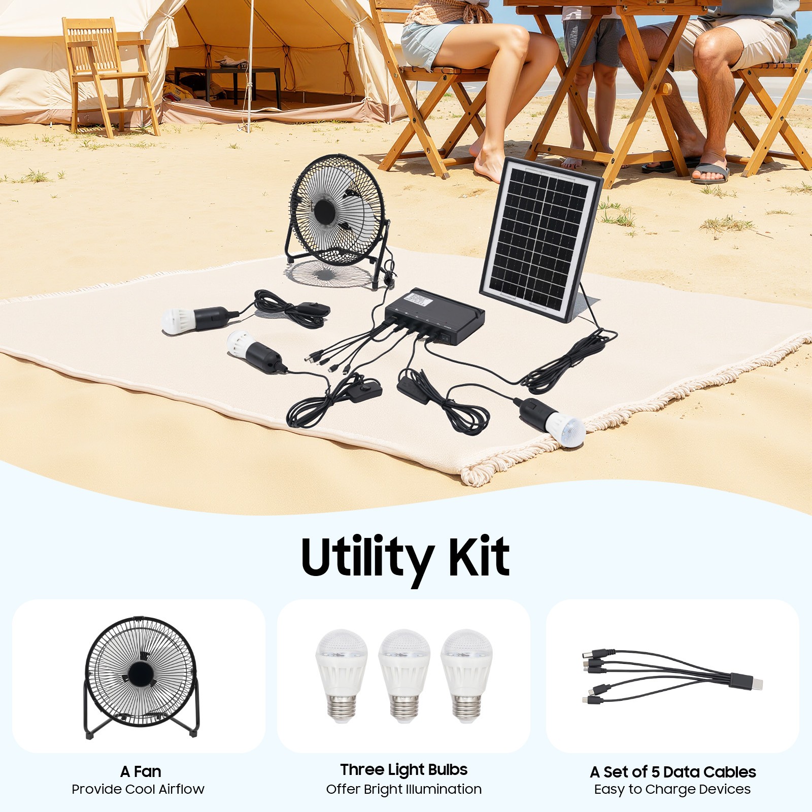 Solar Lighting & Fan Kits with 3 Bulbs USB Charging for Home Outdoor Camping
