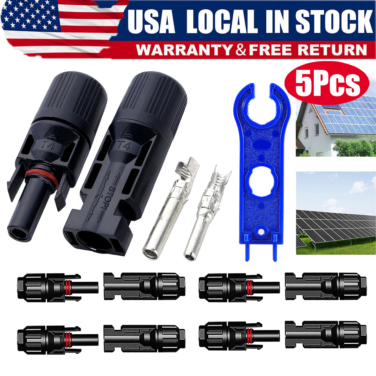 5Pairs MC4 Connectors IP67 30A DC1500V Waterproof for Outdoor Solar Panel Cable