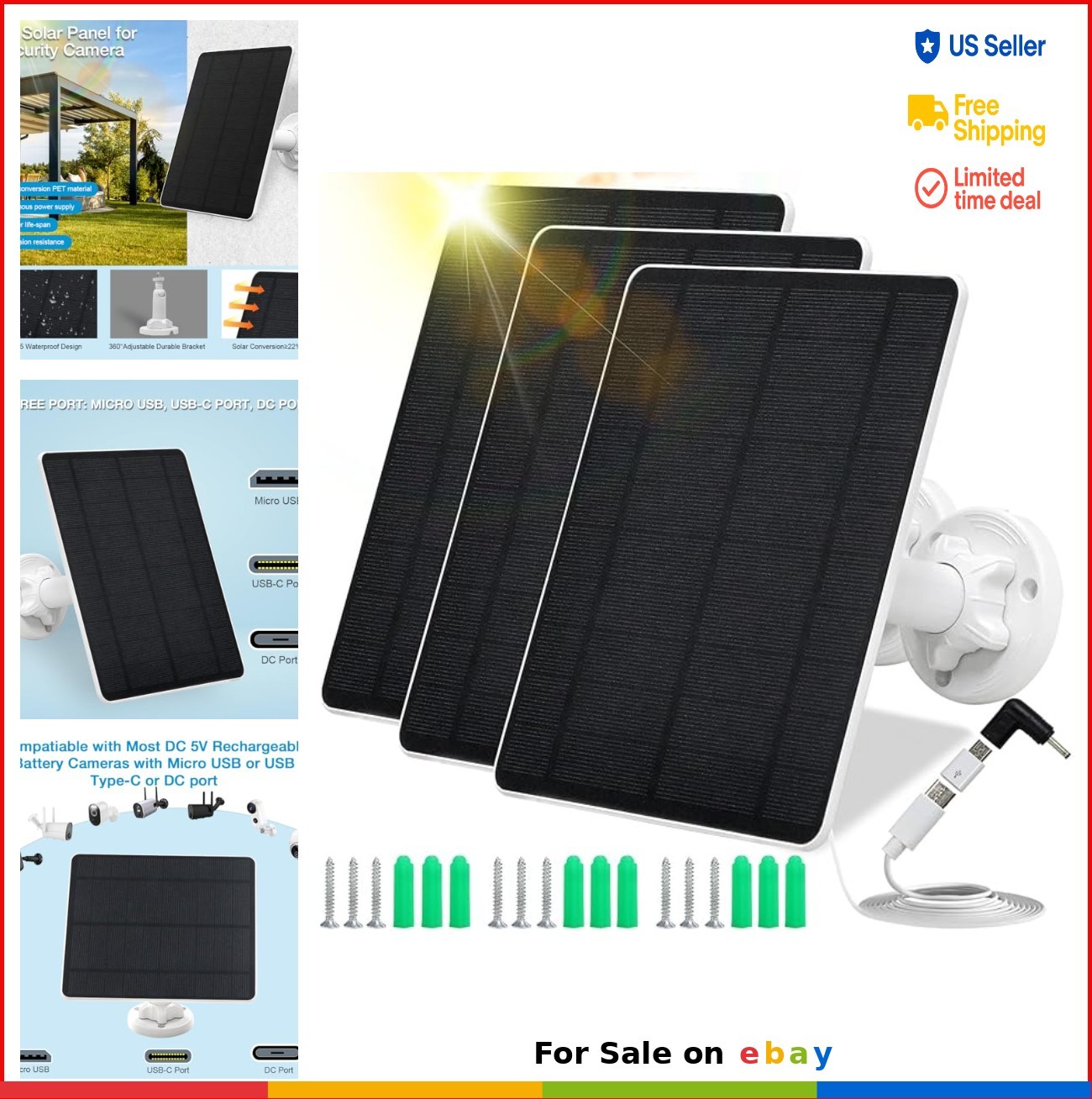 5W USB Solar Panel for Security Camera DC 5V Charger Micro USB USB-C IP65