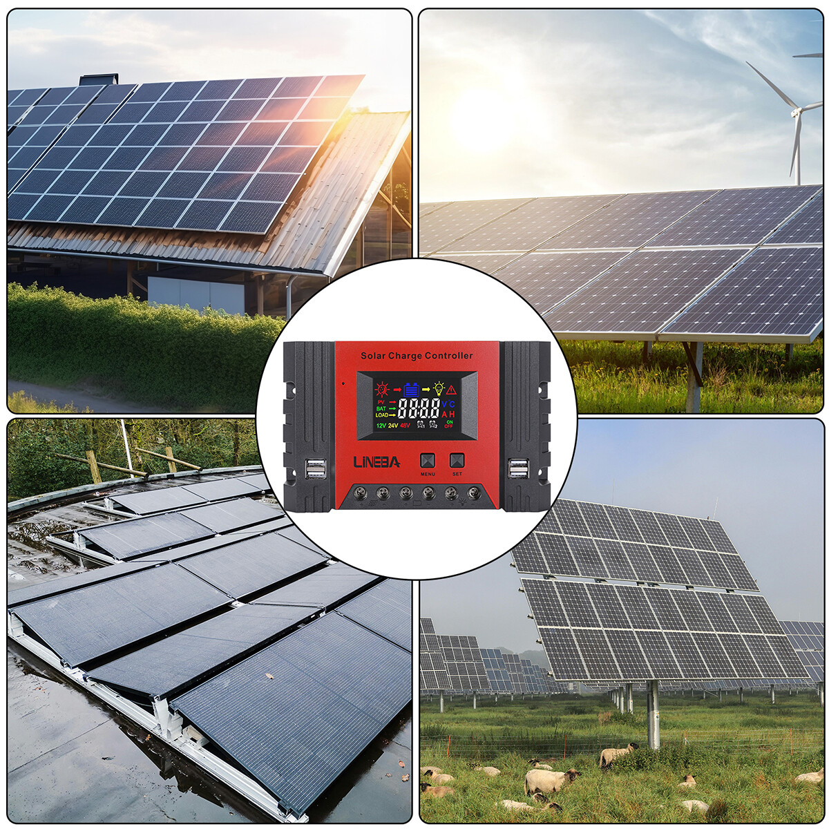 30A Solar Charge Controller PWM Regulator for 12V 24V Auto with 4 USB Ports LCD