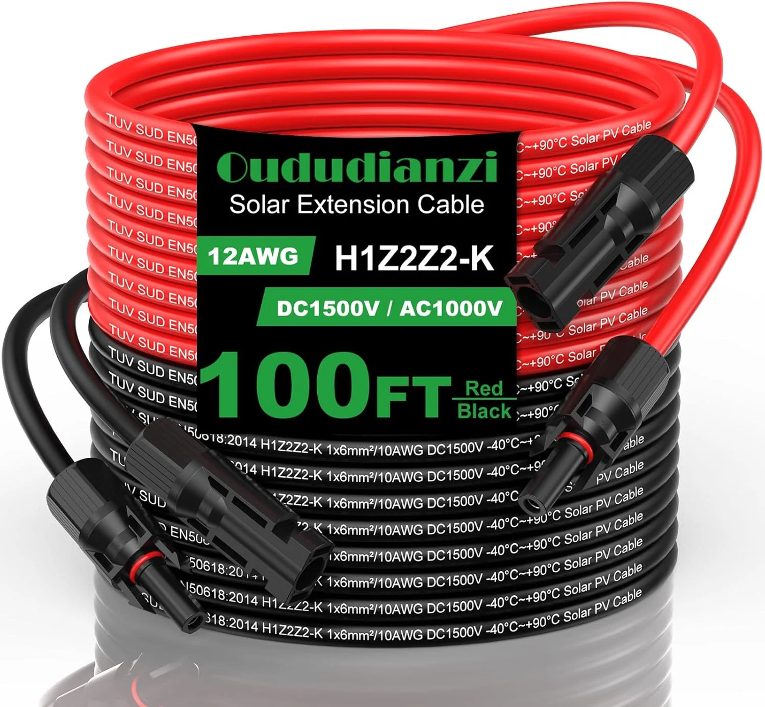 Oududianzi 12AWG Solar Extension Cable 100Ft, 12Gauge Tinned Copper PV Wire, Sol