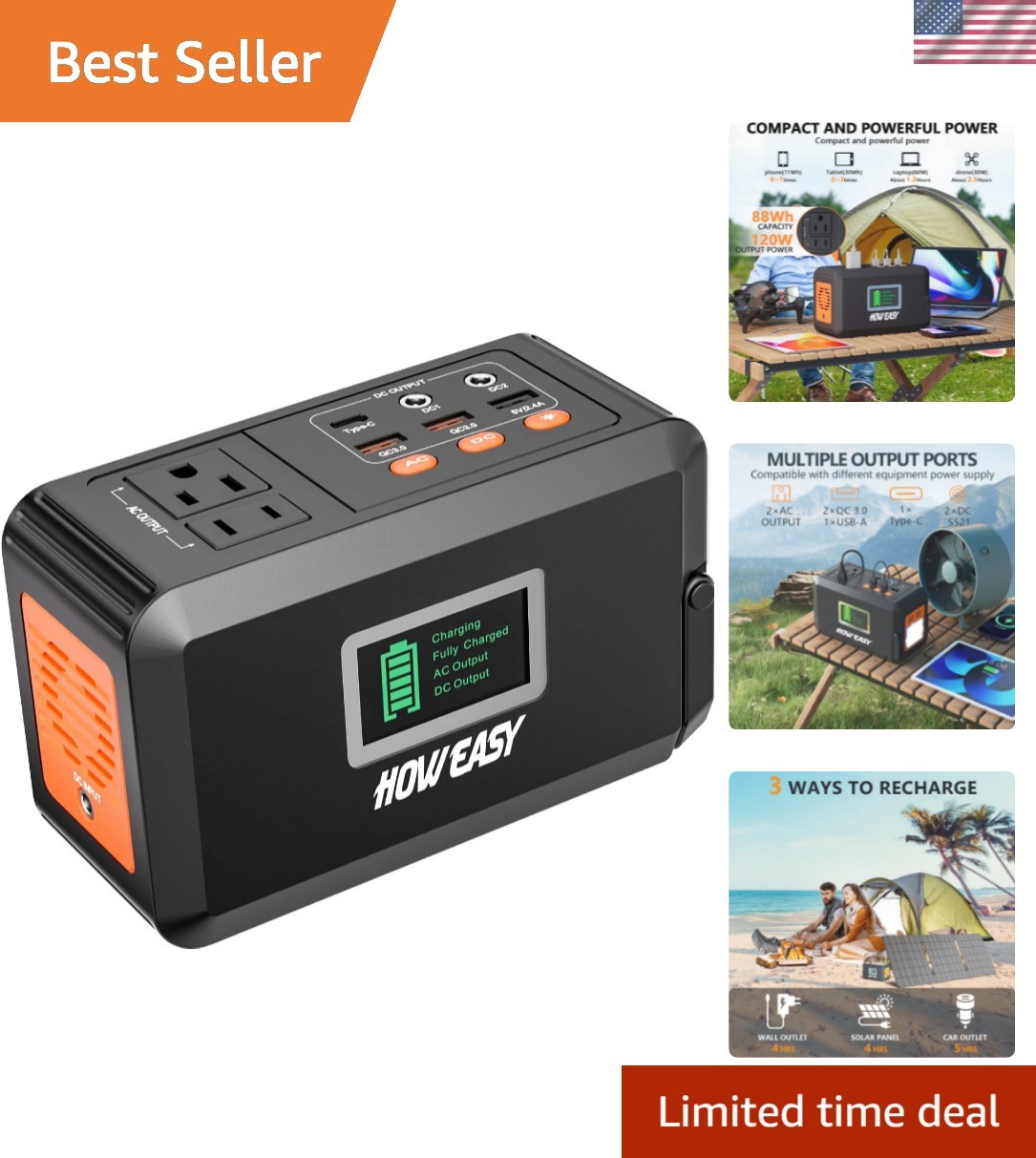 Compact 88Wh Lithium Battery Power Station – 120W Output, 8 Ports for Adventures