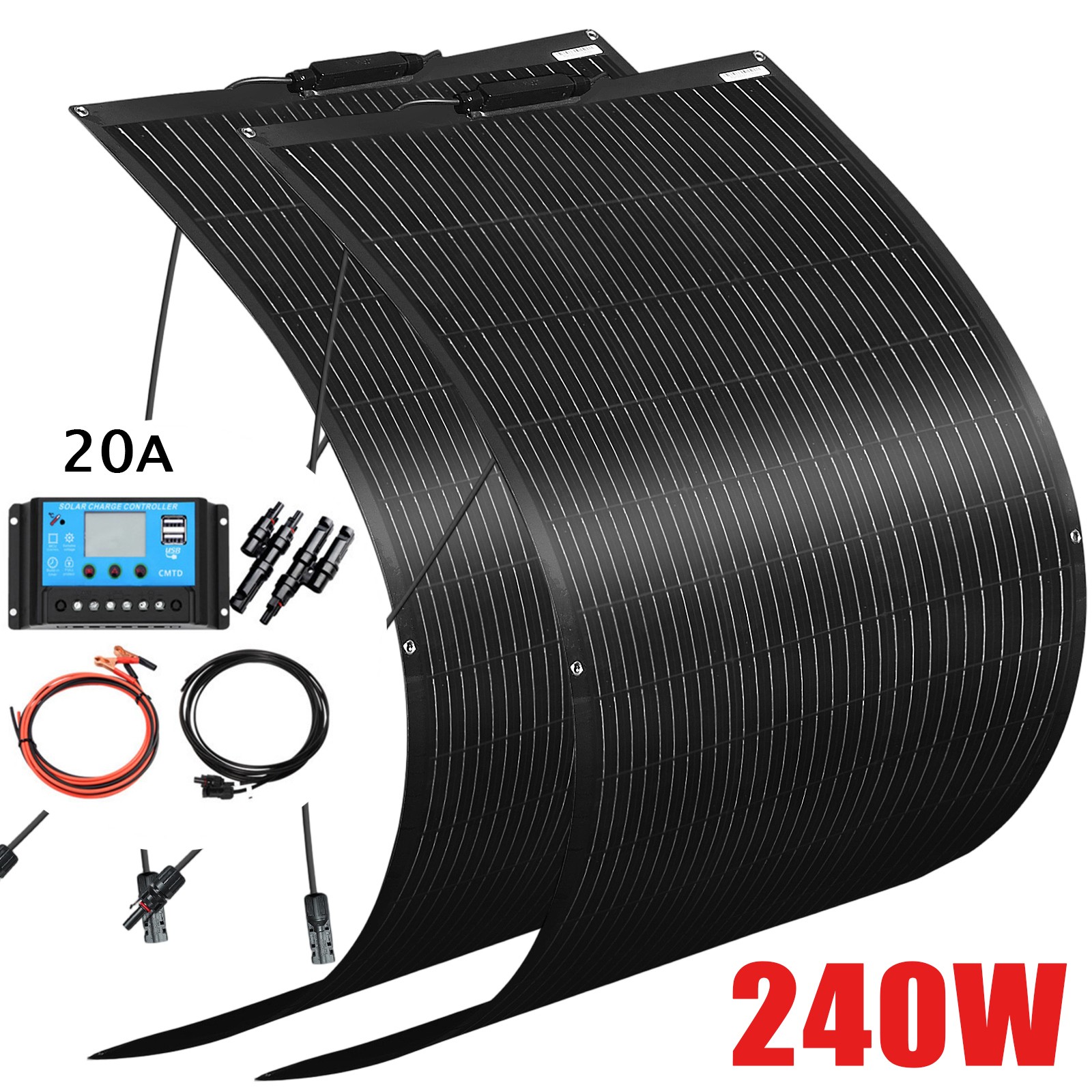 Flexible Solar Panel Kit 240W 12V Controller Off Grid Camping Boat Battery US