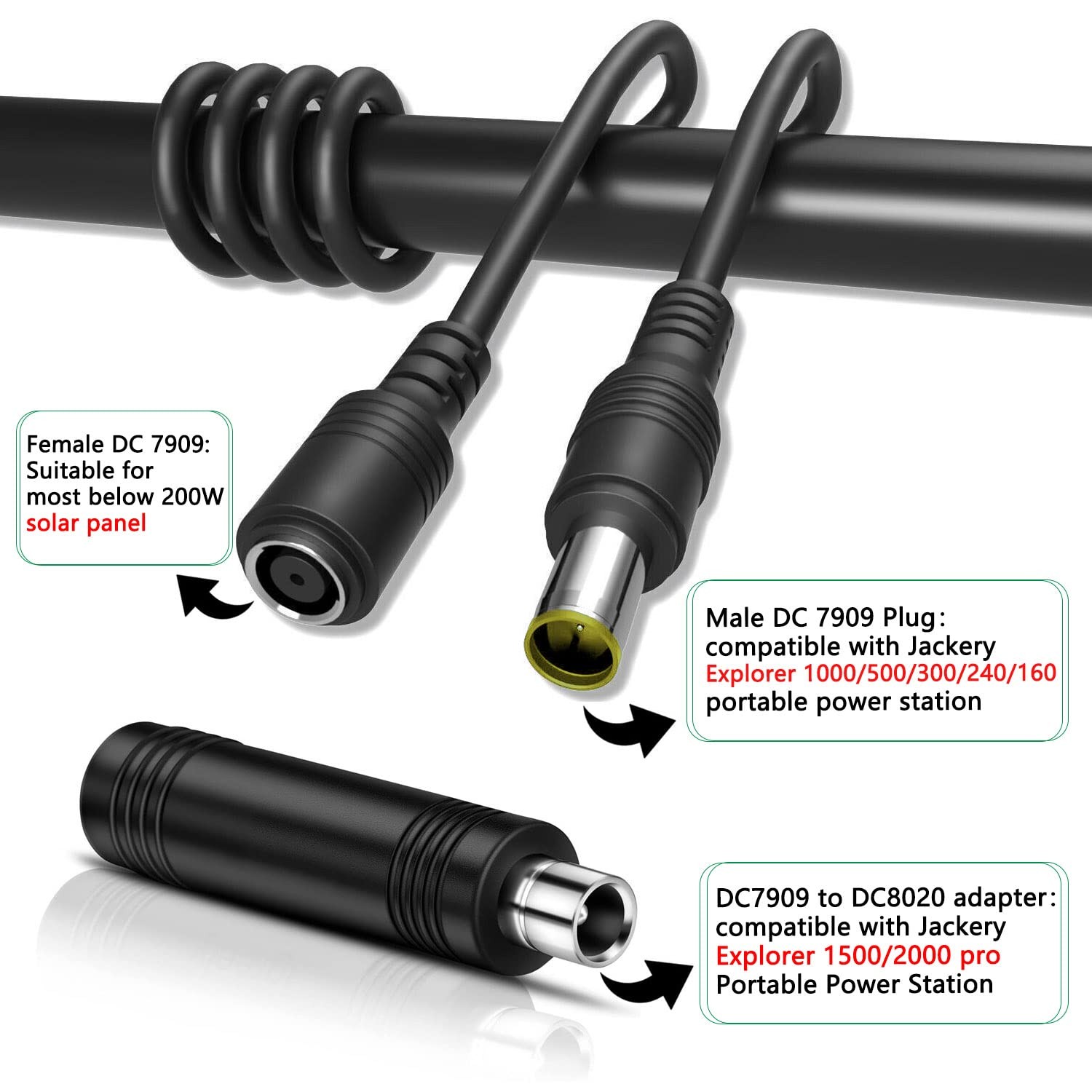 20Ft 14AWG DC8mm Extension Cable with DC7909 to DC8020 Adapter for Jackery