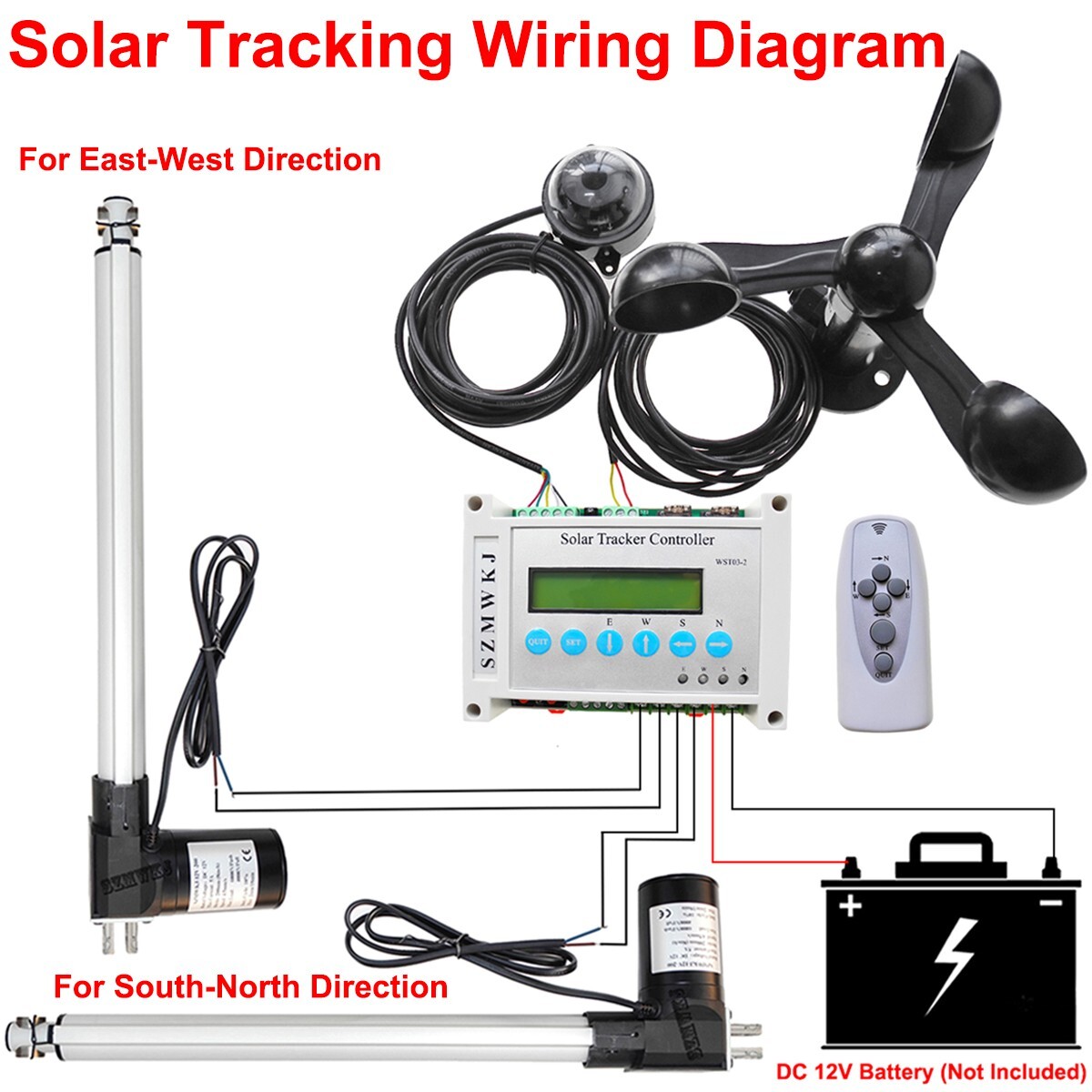 Complete 6000N Dual Axis Solar Tracker System -8″ 12V Linear Actuator Anemometer