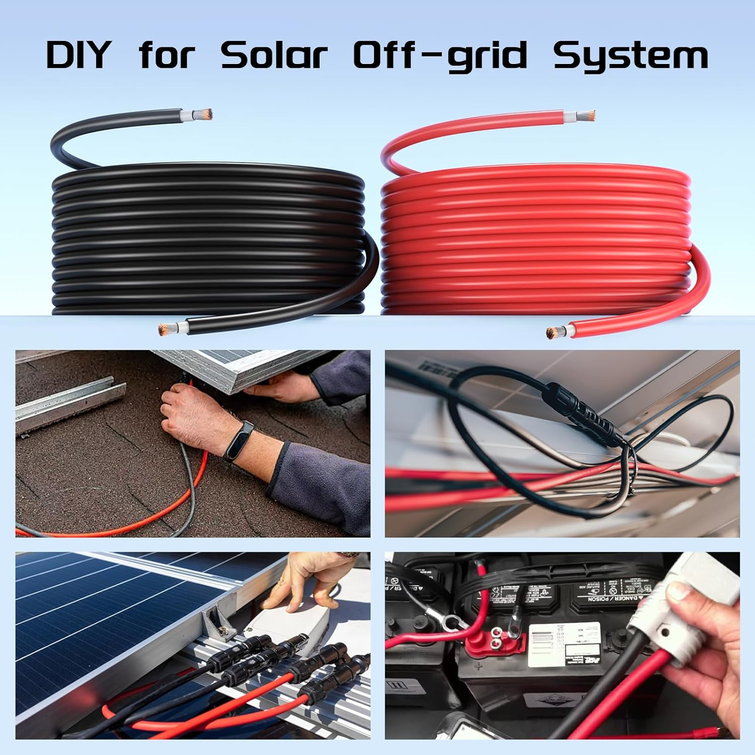 Solar Panel Wire 100Ft Black and 100Ft Red Kit, 10AWG (6Mm²) Solar Panel Extensi