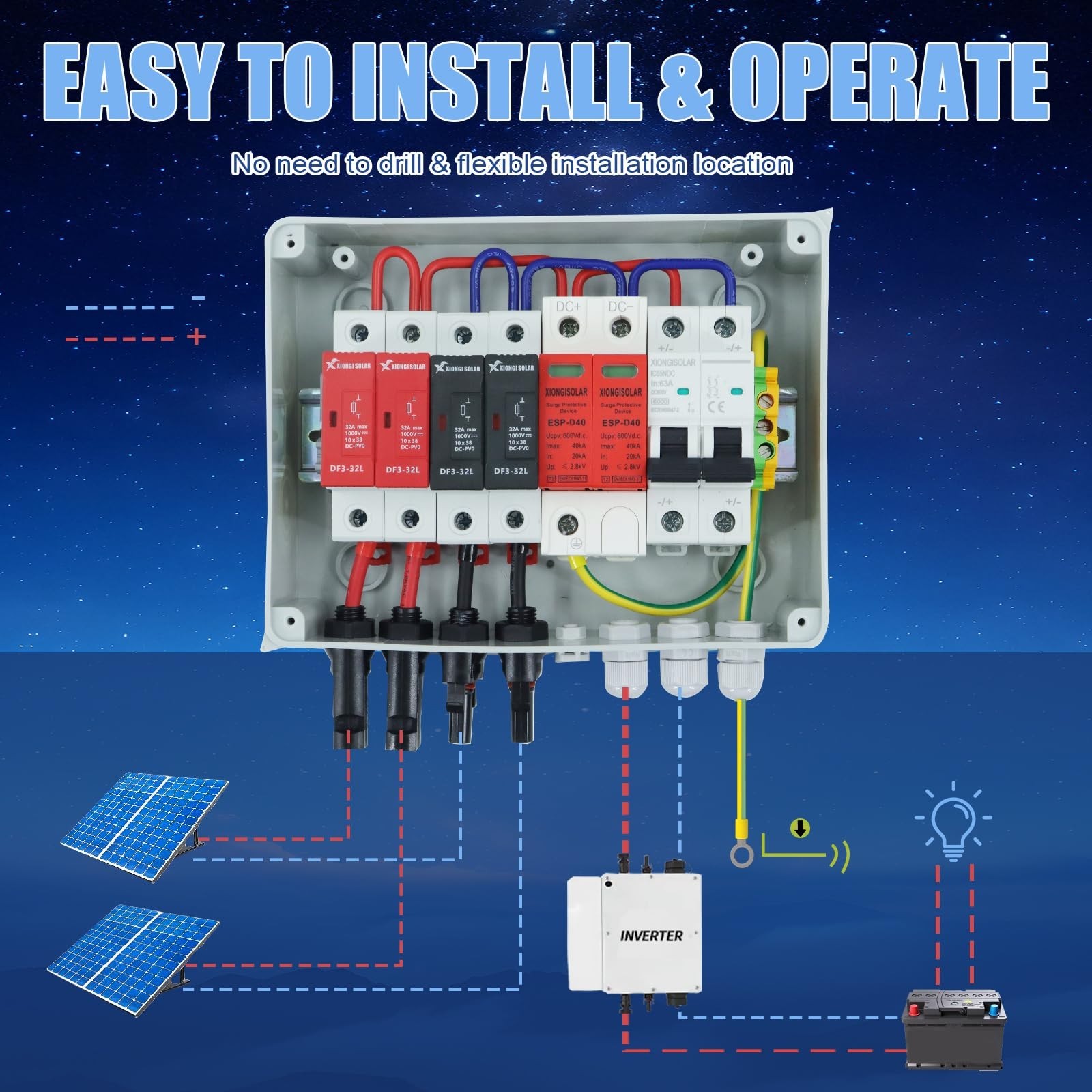 600V Solar Combiner Box, 2 Inputs 1 Output, 15A Fuse, 63A Circuit Breaker, SPD,