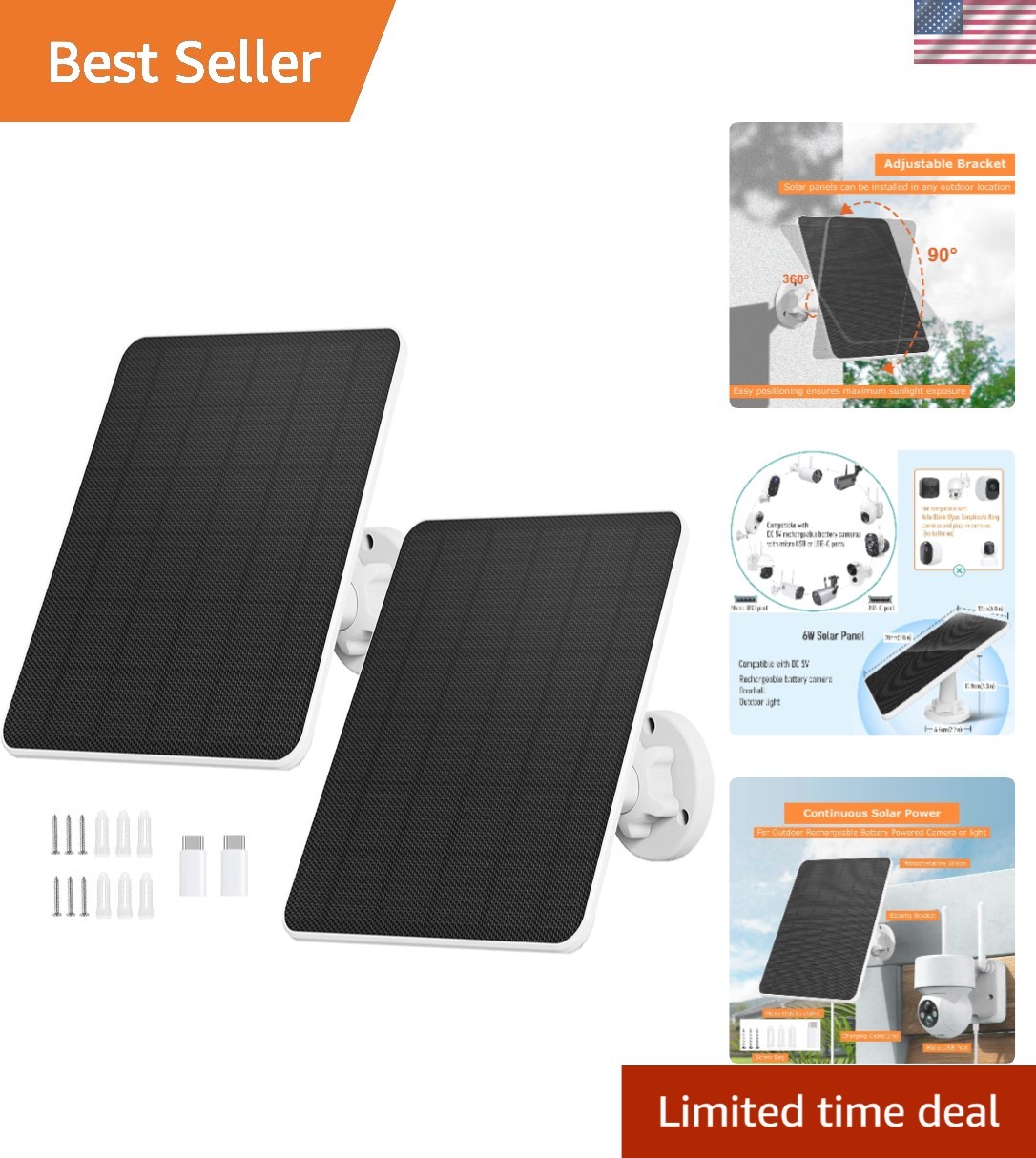 6W Solar Panel for Security Cameras and Outdoor Lights – Waterproof, 2 Pack