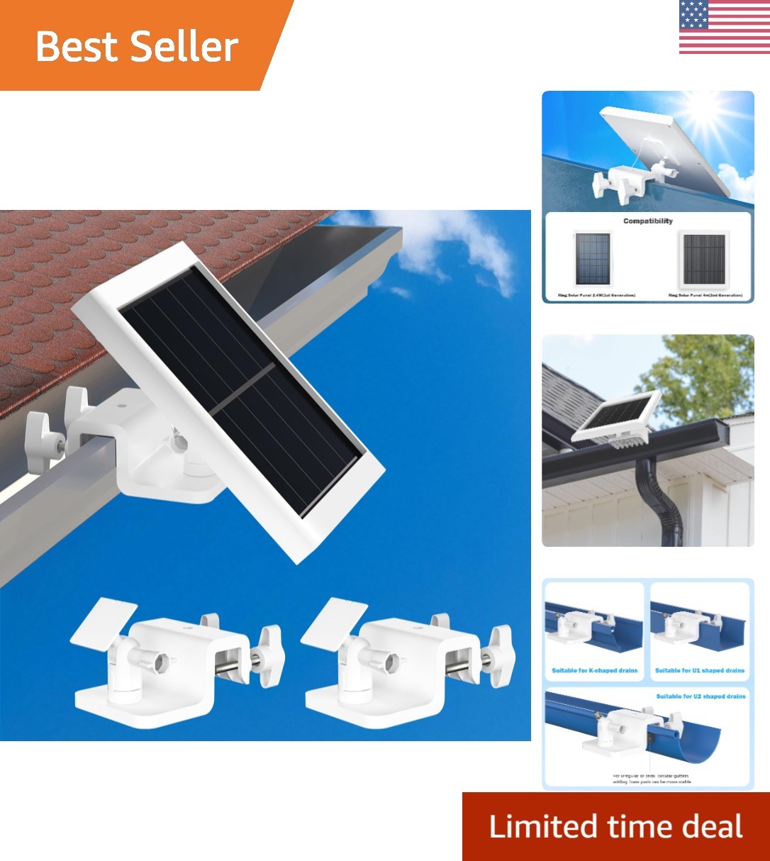 2 Pack 360° Adjustable Solar Panel Gutter Mount for Maximum Sunlight Exposure