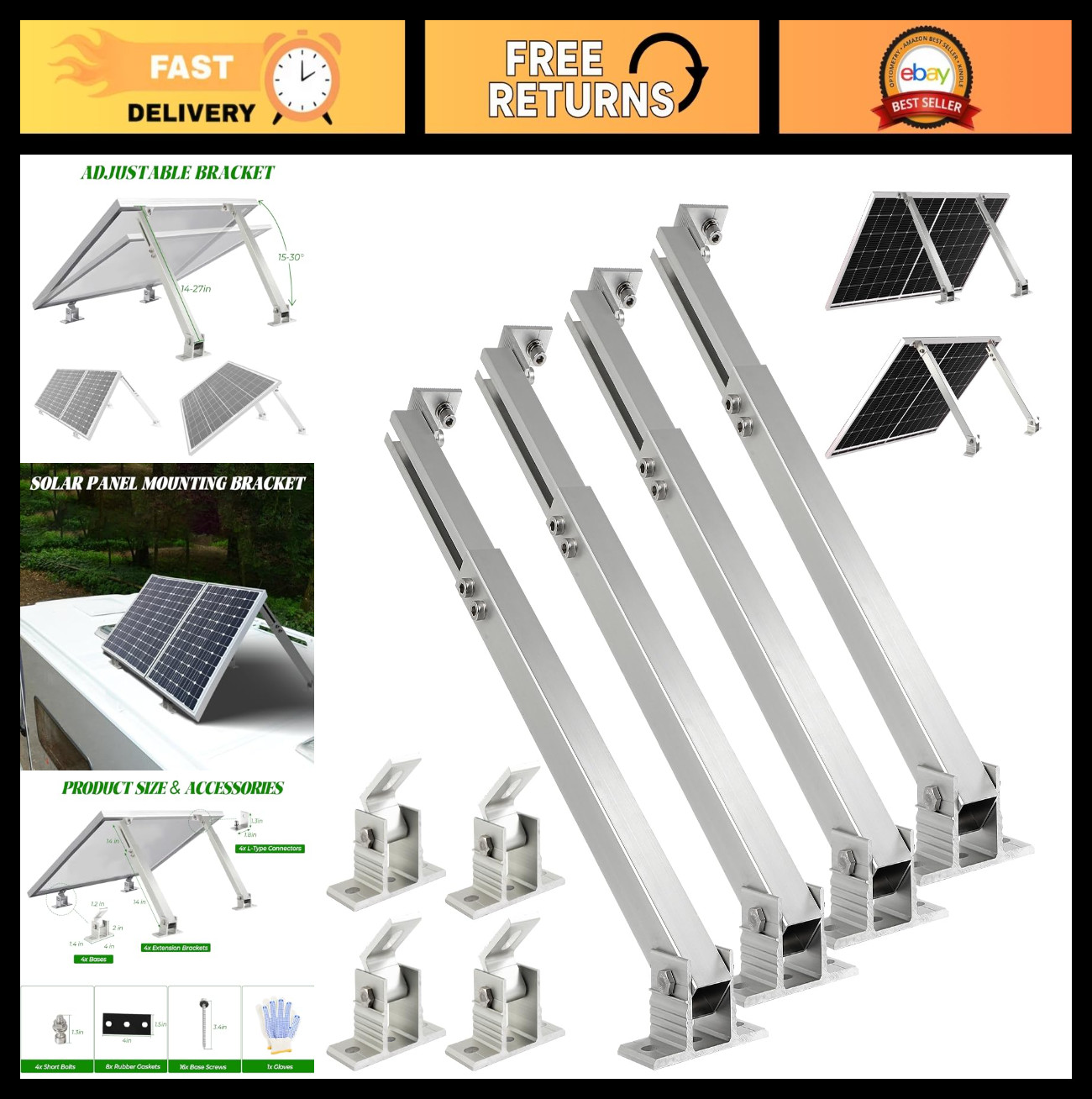 Adjustable Solar Panel Mounting Brackets Set, 14-27IN Tilt Rack for Roof RV Boat