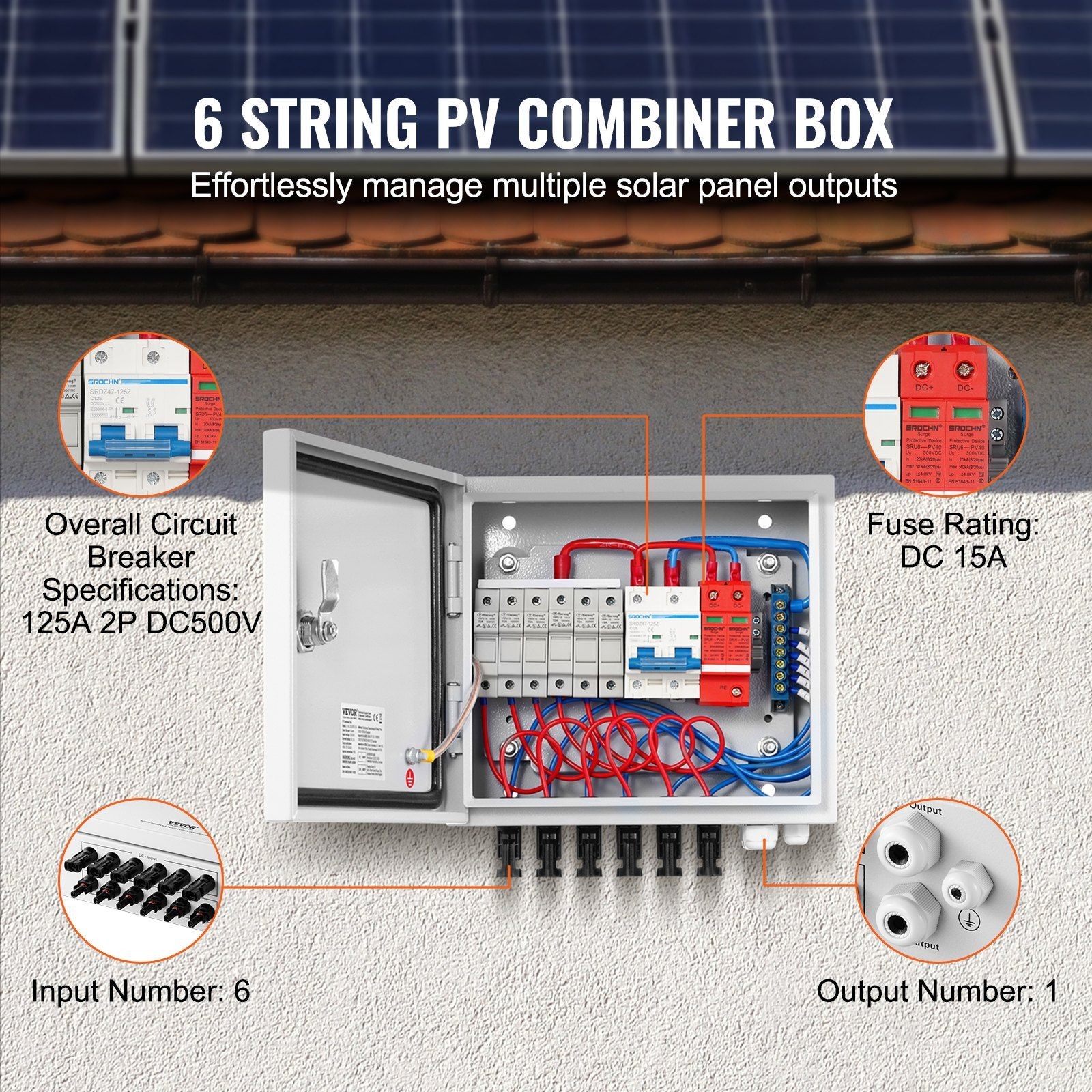 6 String 15A Solar PV Combiner Box IP65 Rated Steel Enclosure Waterproof