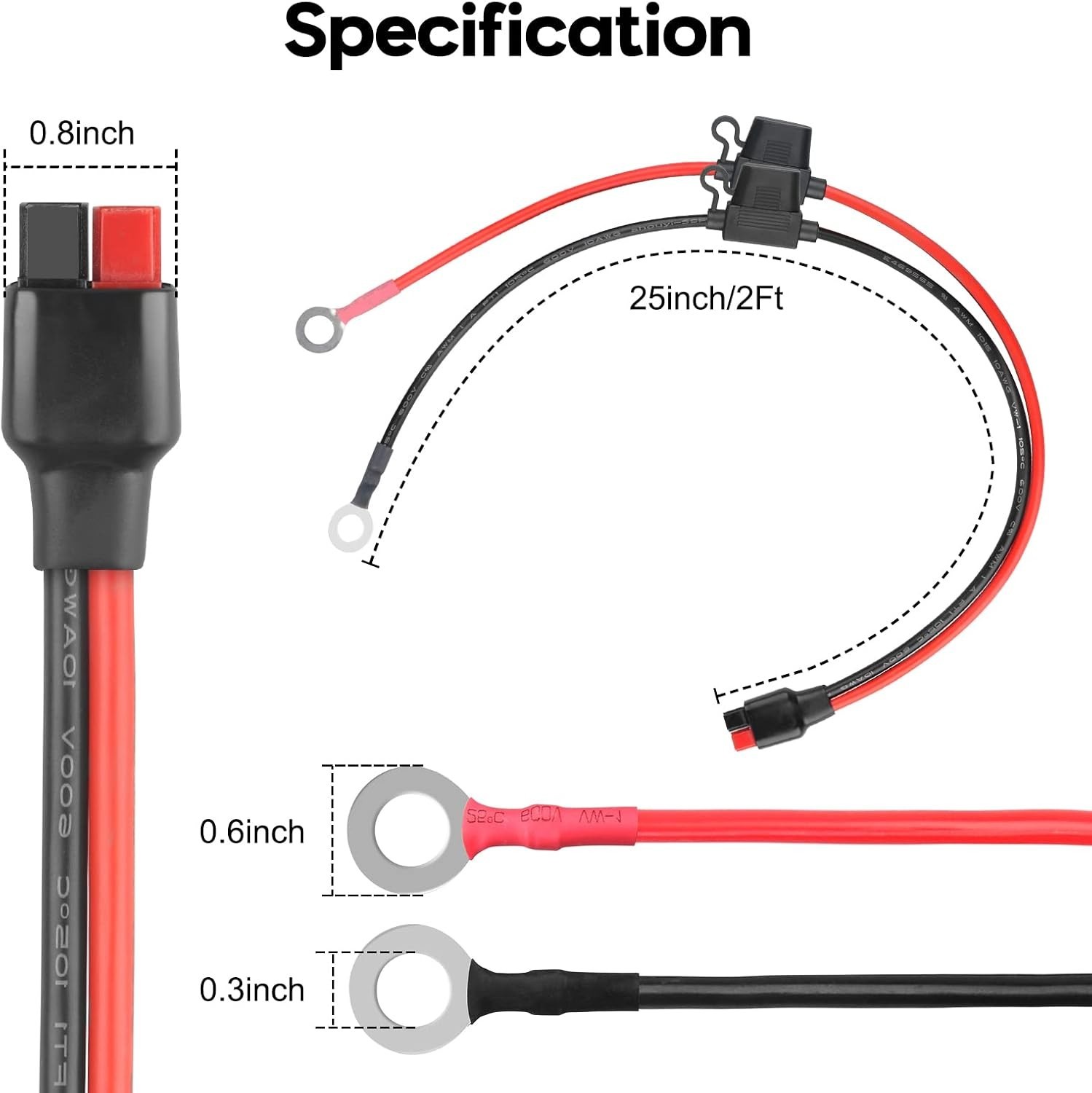 Heavy Duty 10AWG O Ring Terminal Cable with Fuse for Battery Charging 2Ft