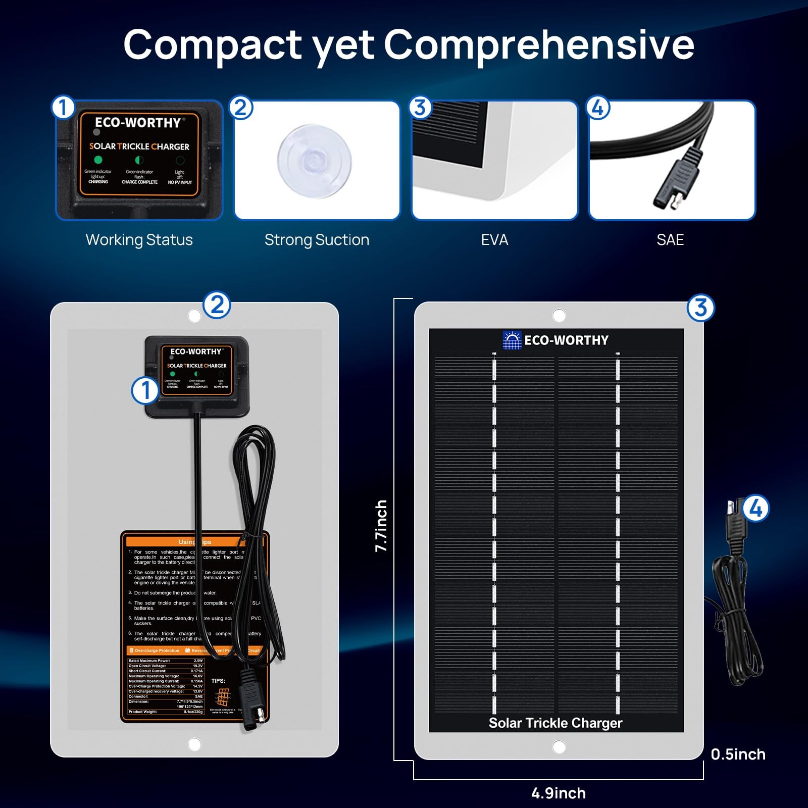 12V Solar Battery Charger, Portable Waterproof Trickle Maintainer for Car, Truck
