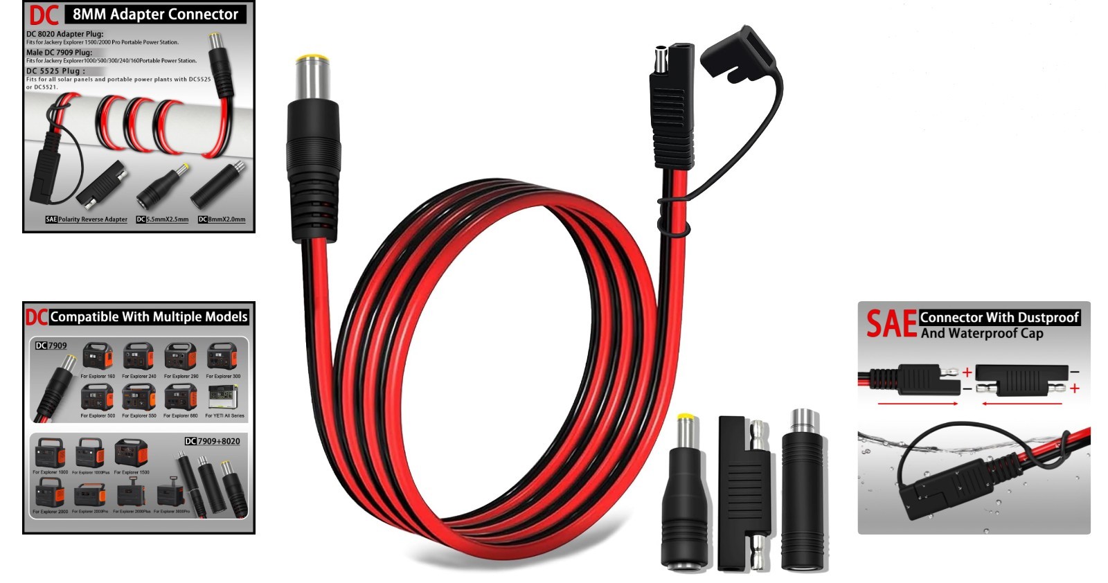 6FT SAE to DC8mm Male Adapter for Jackery Solar Panel, Includes Reverse Polar…