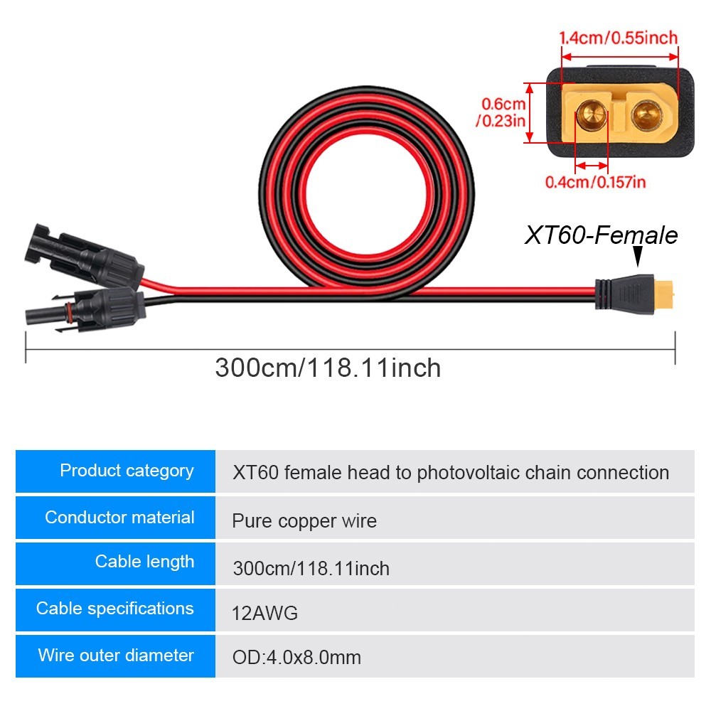 10FT Solar Extension Cable Solar to XT60 Female Wire for Portable Power StatIion
