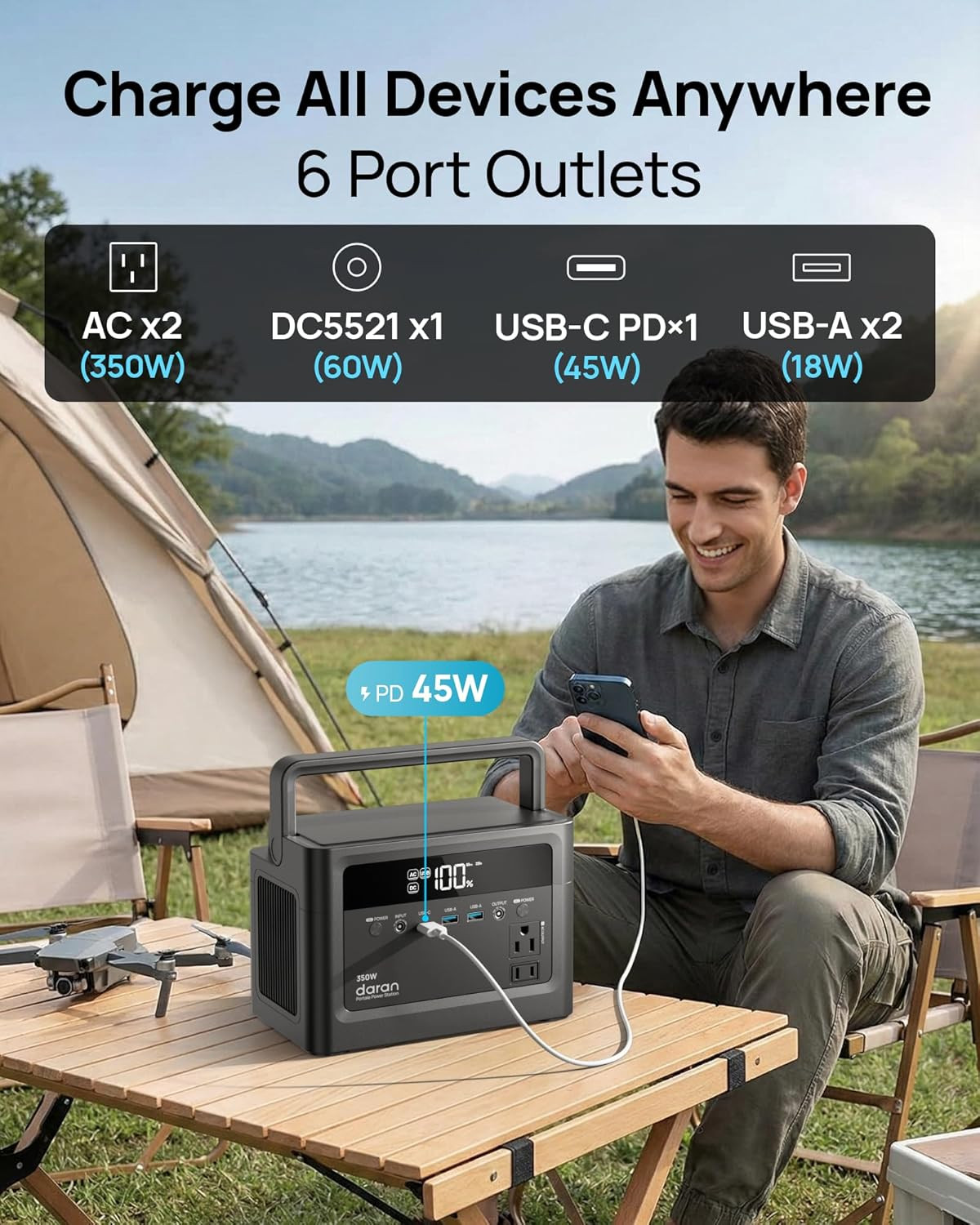 Portable Power Station 350W, 230.4Wh Power Bank Lifepo4 Battery 110V Pure Sine W
