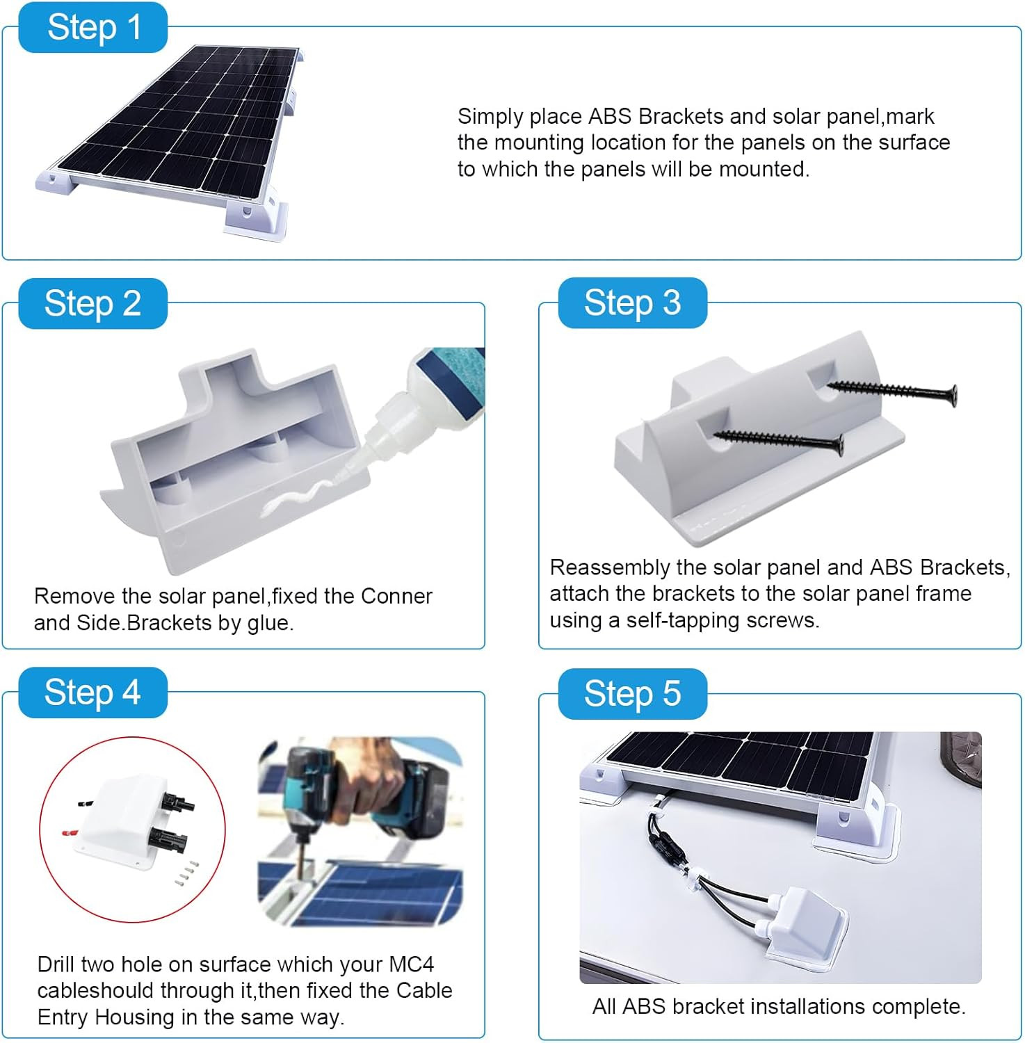 Solar Panel Mounts Bracket Set of 4Pcs (White), Drill Free ABS Corner Roof Brack