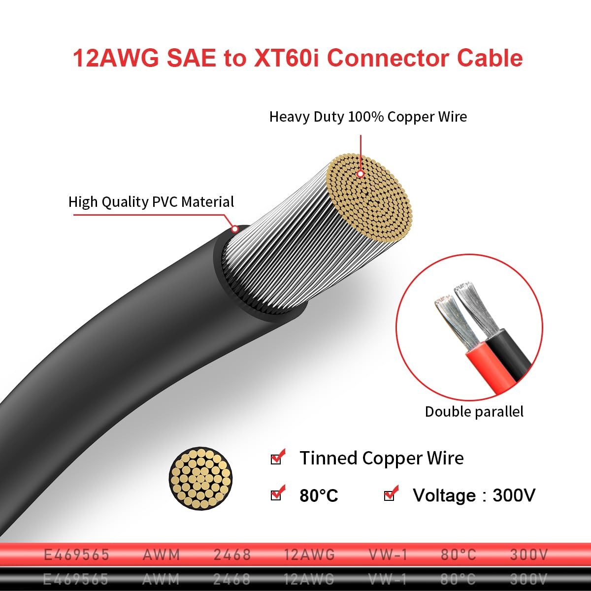12AWG Xt60I to SAE Adapter Extension Cable with SAE Polarity Reverse Adapter for